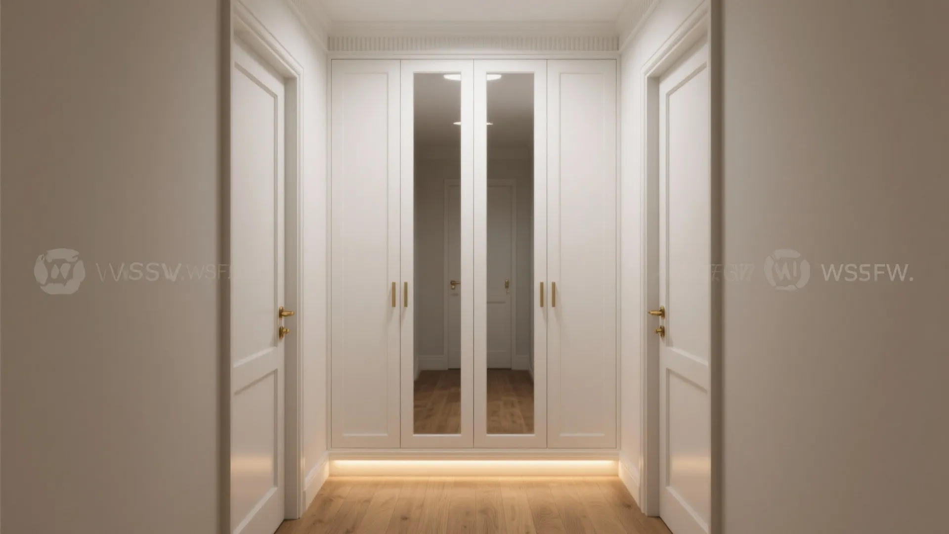 Mirrored tall cupboard to bounce light and hide the mess