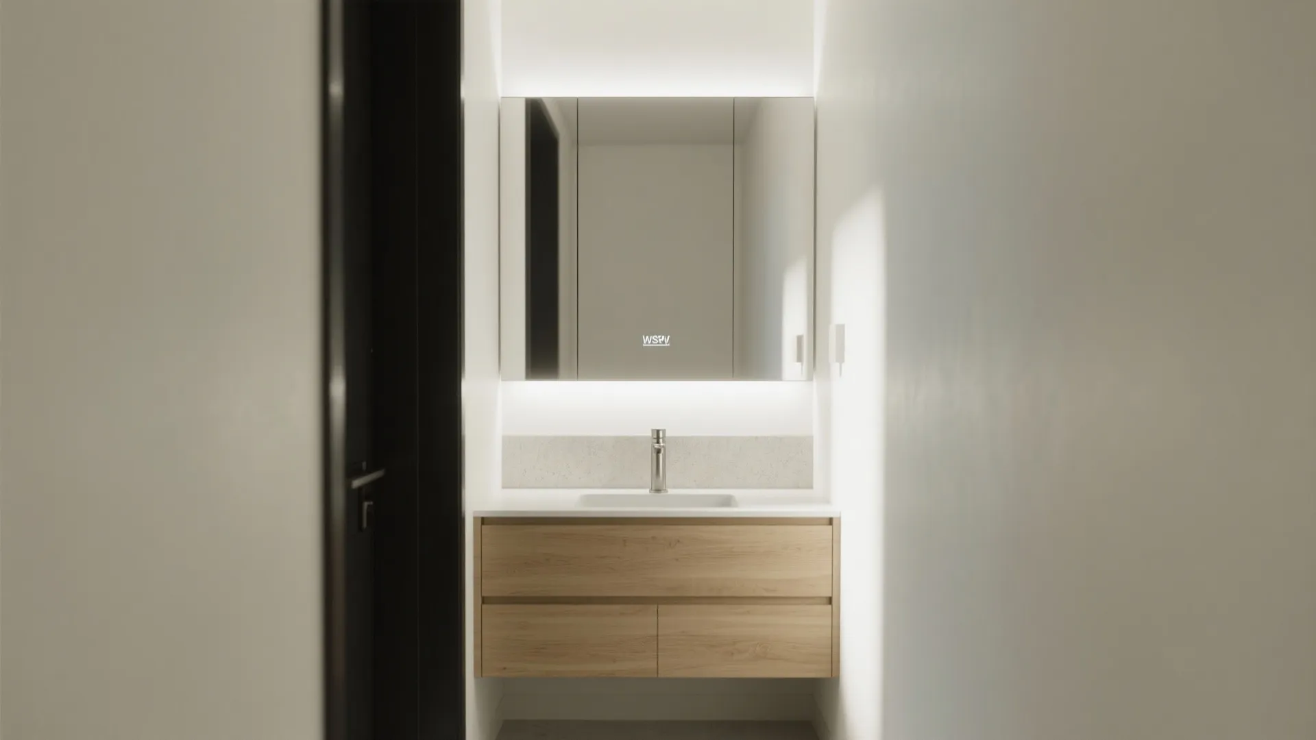 Mirror-front cabinet above narrow vanity reflecting light, adding slim storage in a minimal hallway.