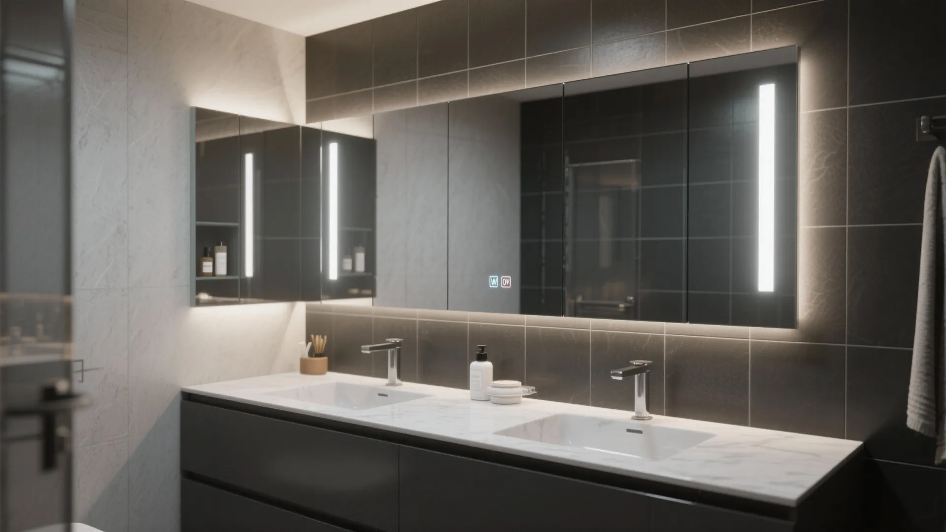 Mirror-front medicine cabinet that doubles the room