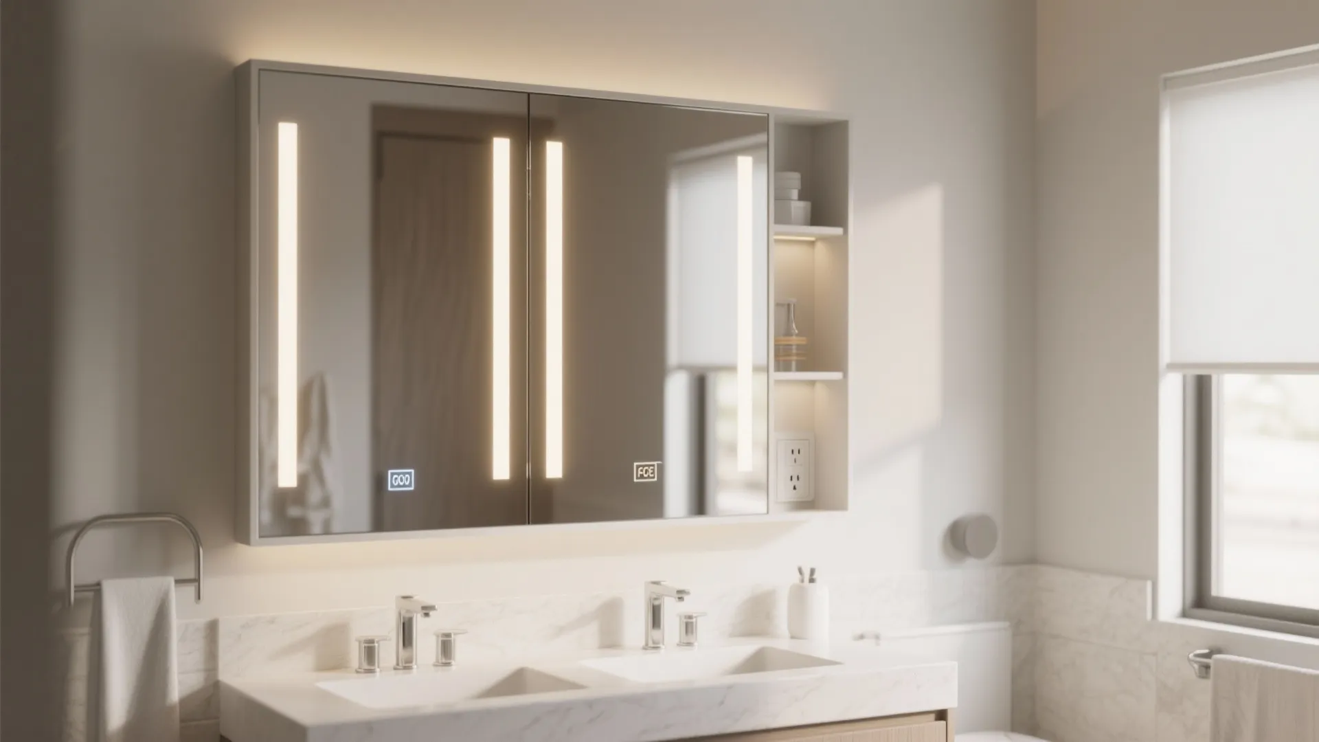 Mirrored medicine cabinet with integrated vertical LEDs and hidden outlet above a tidy vanity.
