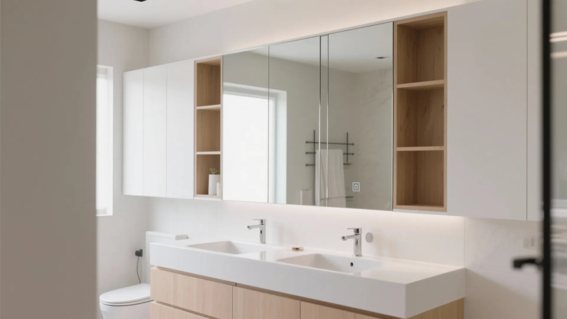 Modern bathroom with double sink vanity large mirror cabinet storage and white wall hanging cabinets