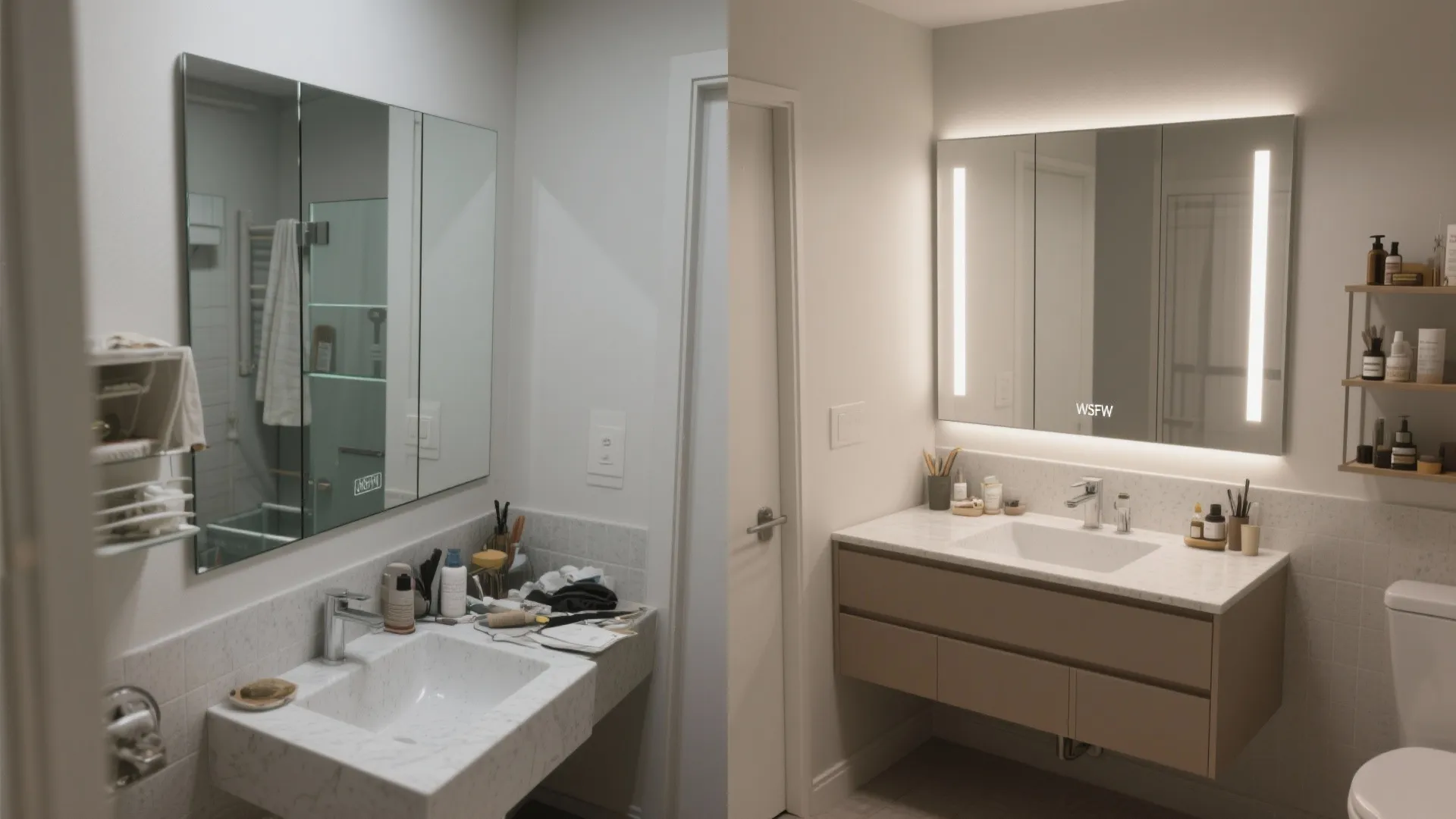 Before-and-after comparing a plain mirror with clutter to a recessed lit cabinet and tidy counter.