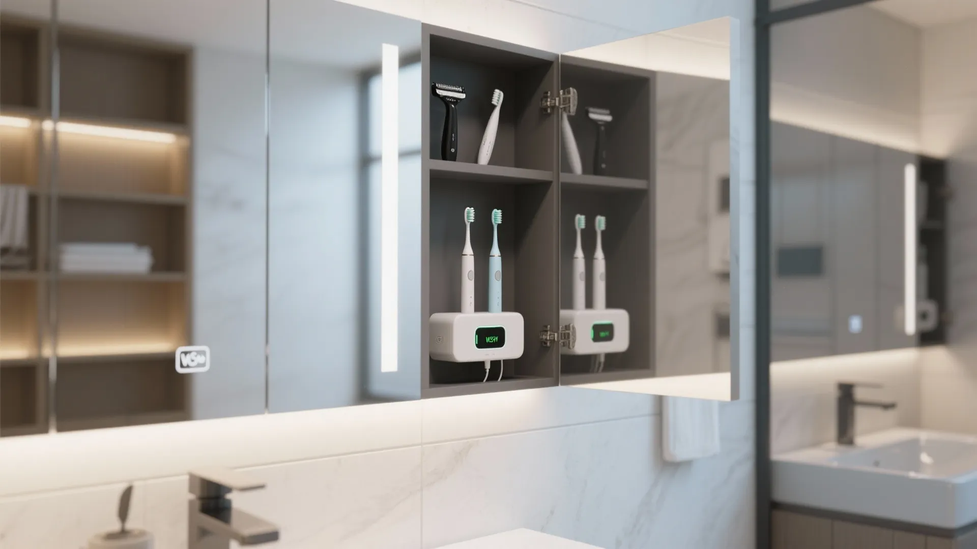 9. Mirrored cabinet with charging station