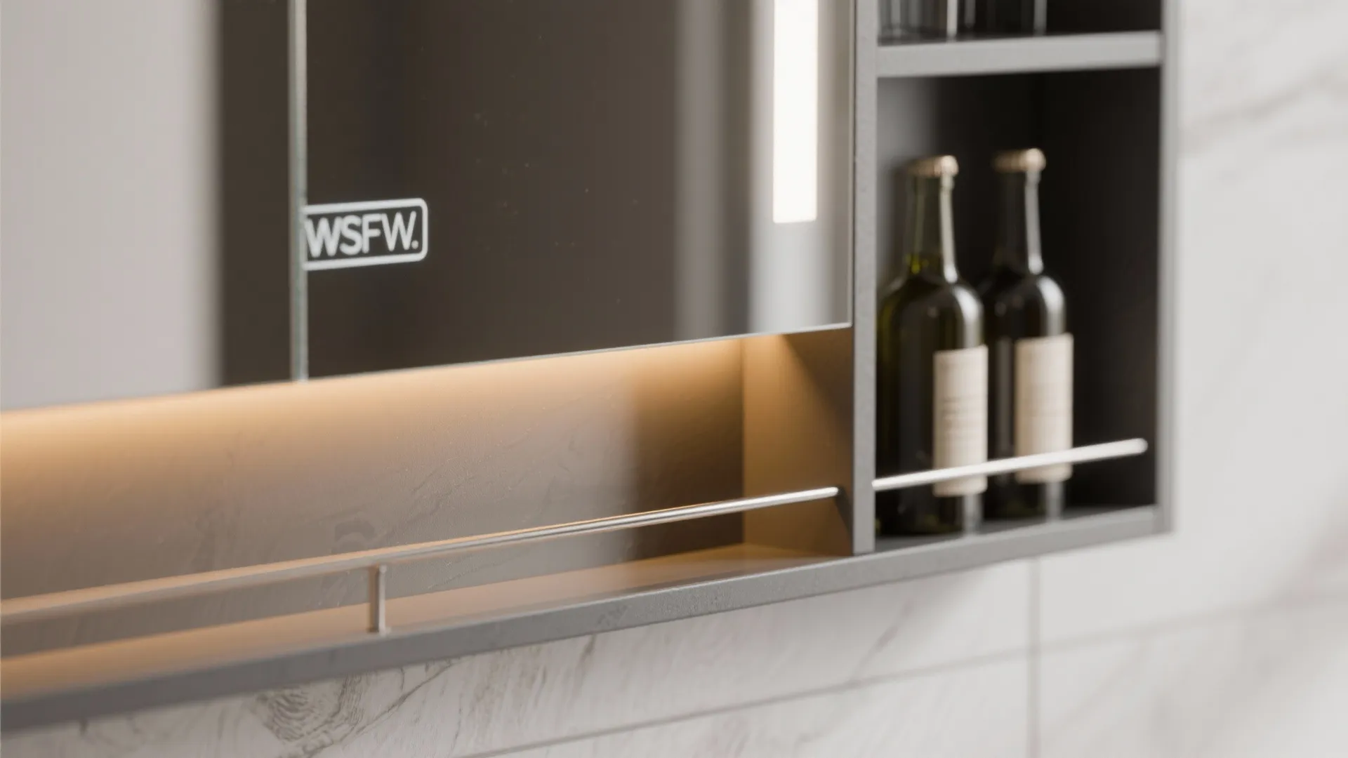 Slender vanity shelves and mirror cabinets