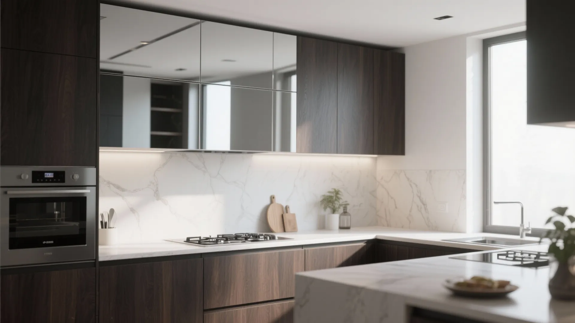 Modern dark wood kitchen with white marble counters and upper cabinets featuring reflective mirror fronts