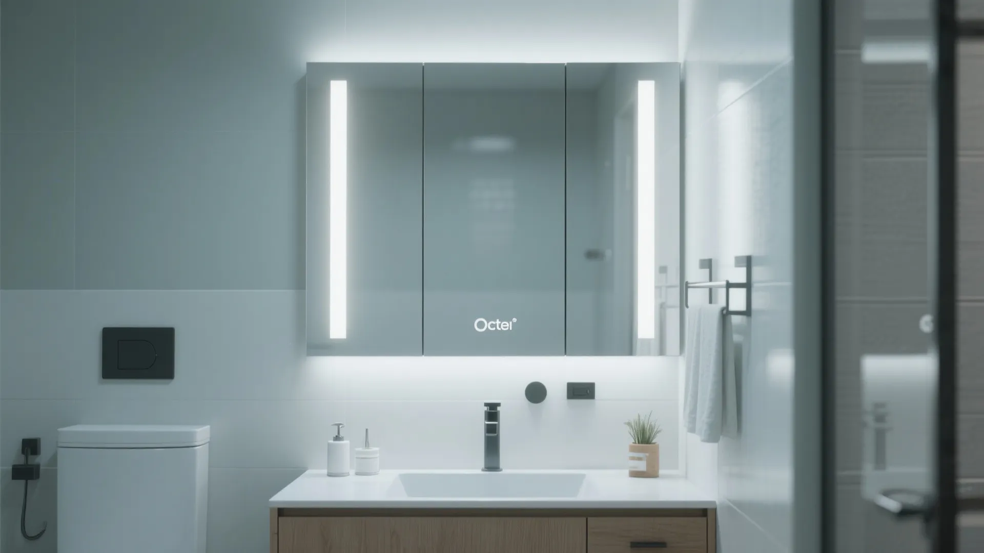 Modern bathroom featuring a lighted mirror cabinet above a sink with toilet on the left