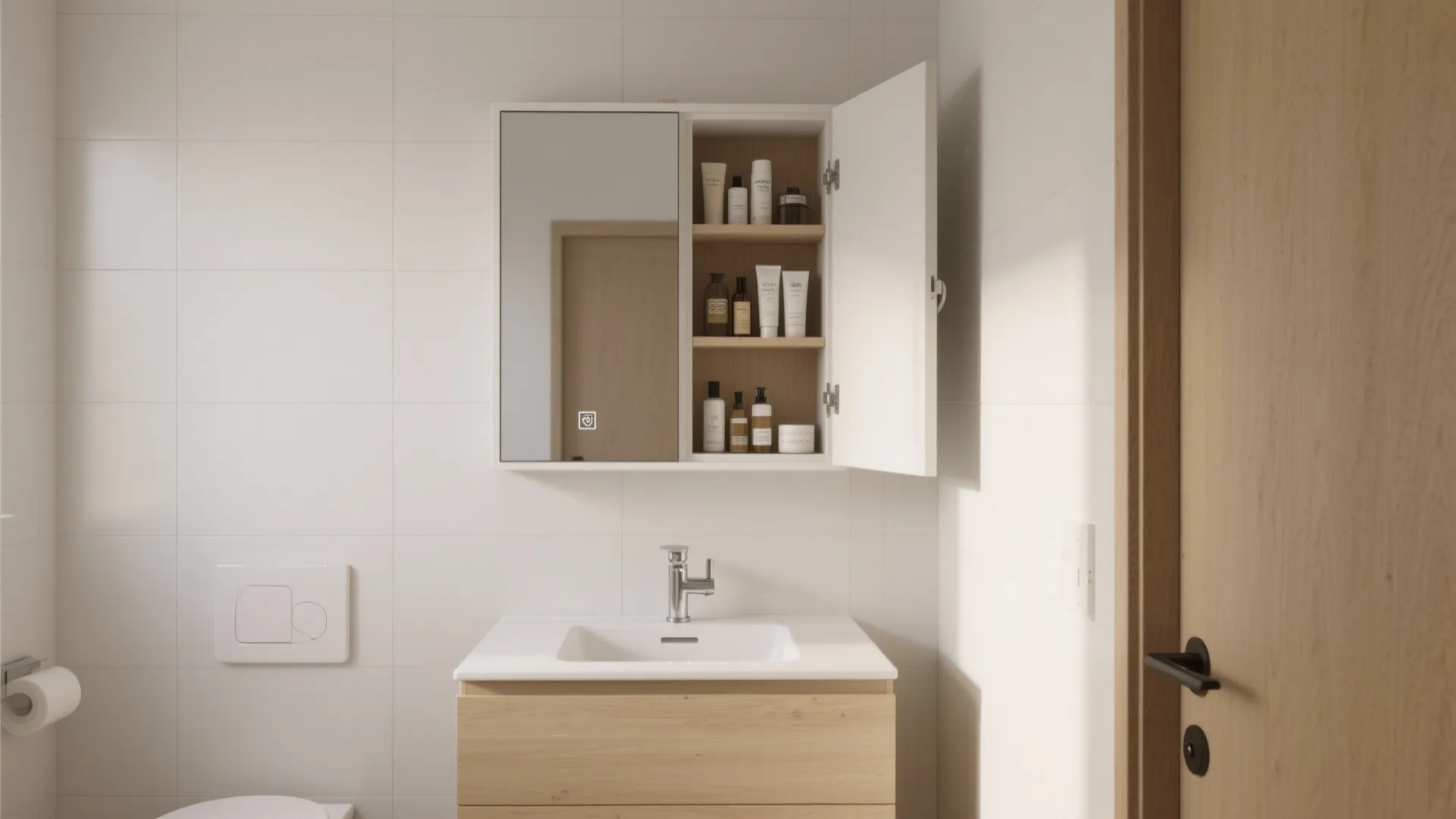 Storage-Integrated Mirror Cabinet (Shallow Depth, Smart Access)