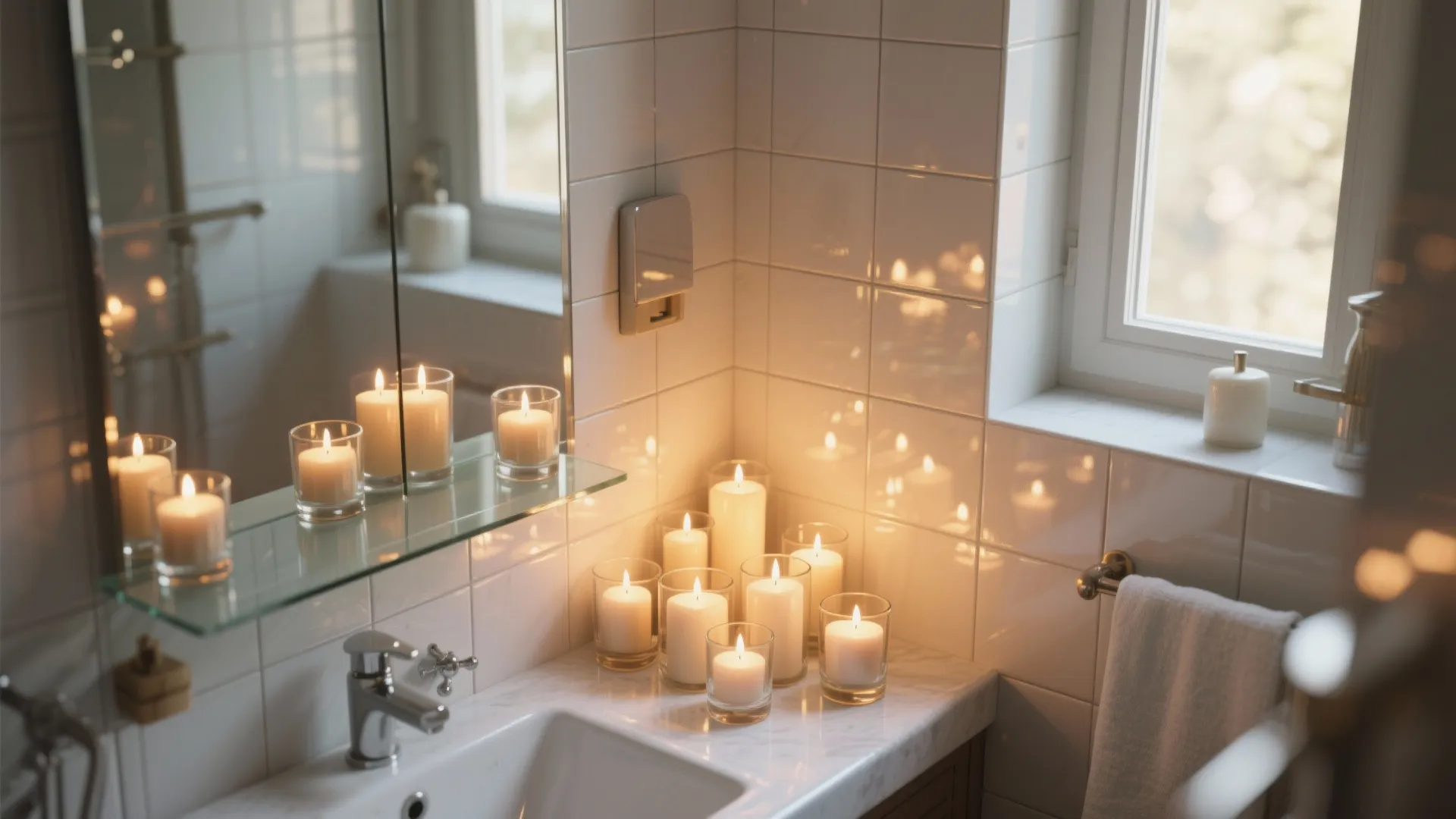 Bright bathroom sink area featuring numerous lit candles on a marble counter next to mirror