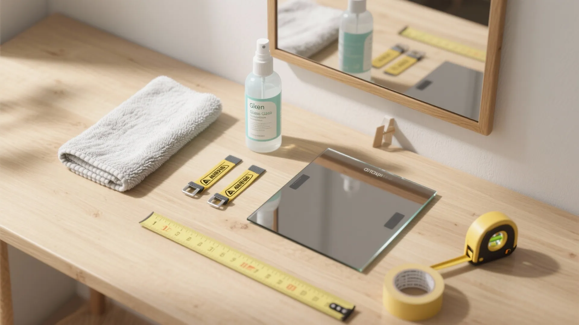 Top-down flatlay of mirror care tools including microfiber cloth, cleaner, anti-tip straps, and measuring tape.