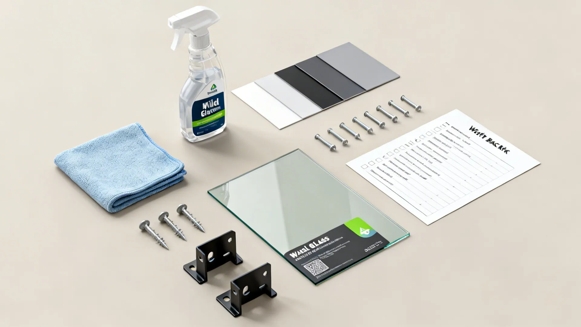 Flatlay of mirror cleaning and mounting supplies with an FAQ checklist