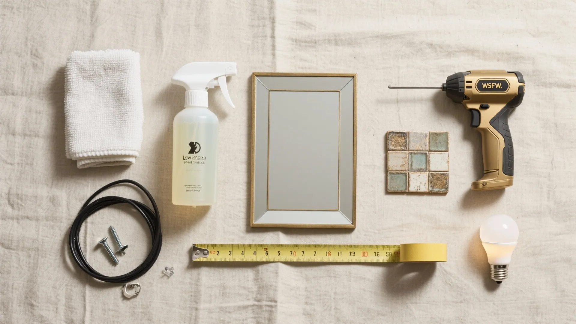 Tools for mirror installation including spray bottle white cloth power drill tape measure and bulb