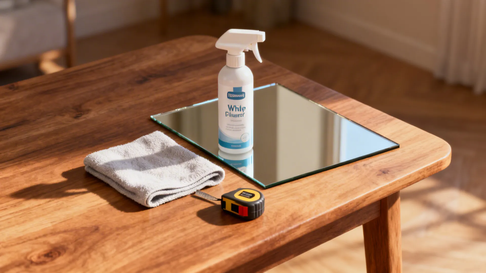 Cleaning spray bottle sitting on a square mirror with a grey towel and tape measure