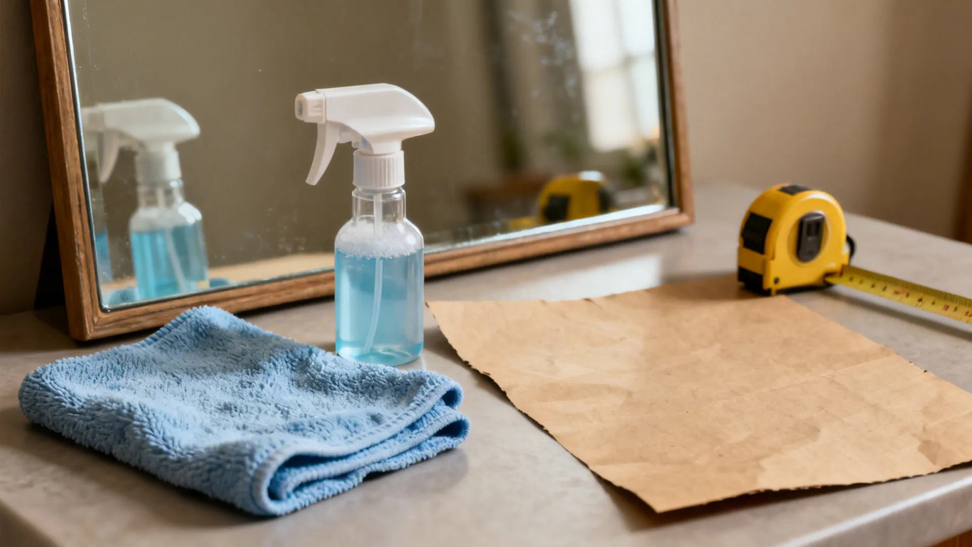 Microfiber cloth, spray bottle, tape measure and kraft paper mockup for mirror planning and maintenance
