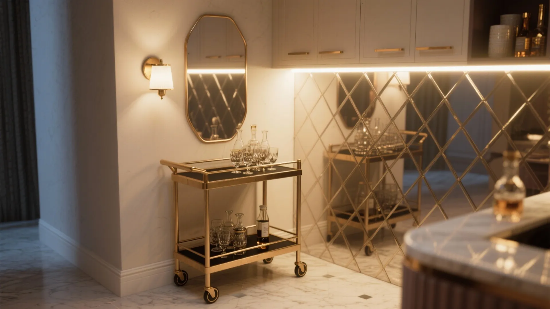 5. Mirror-Backed Cart Nook with Lighting