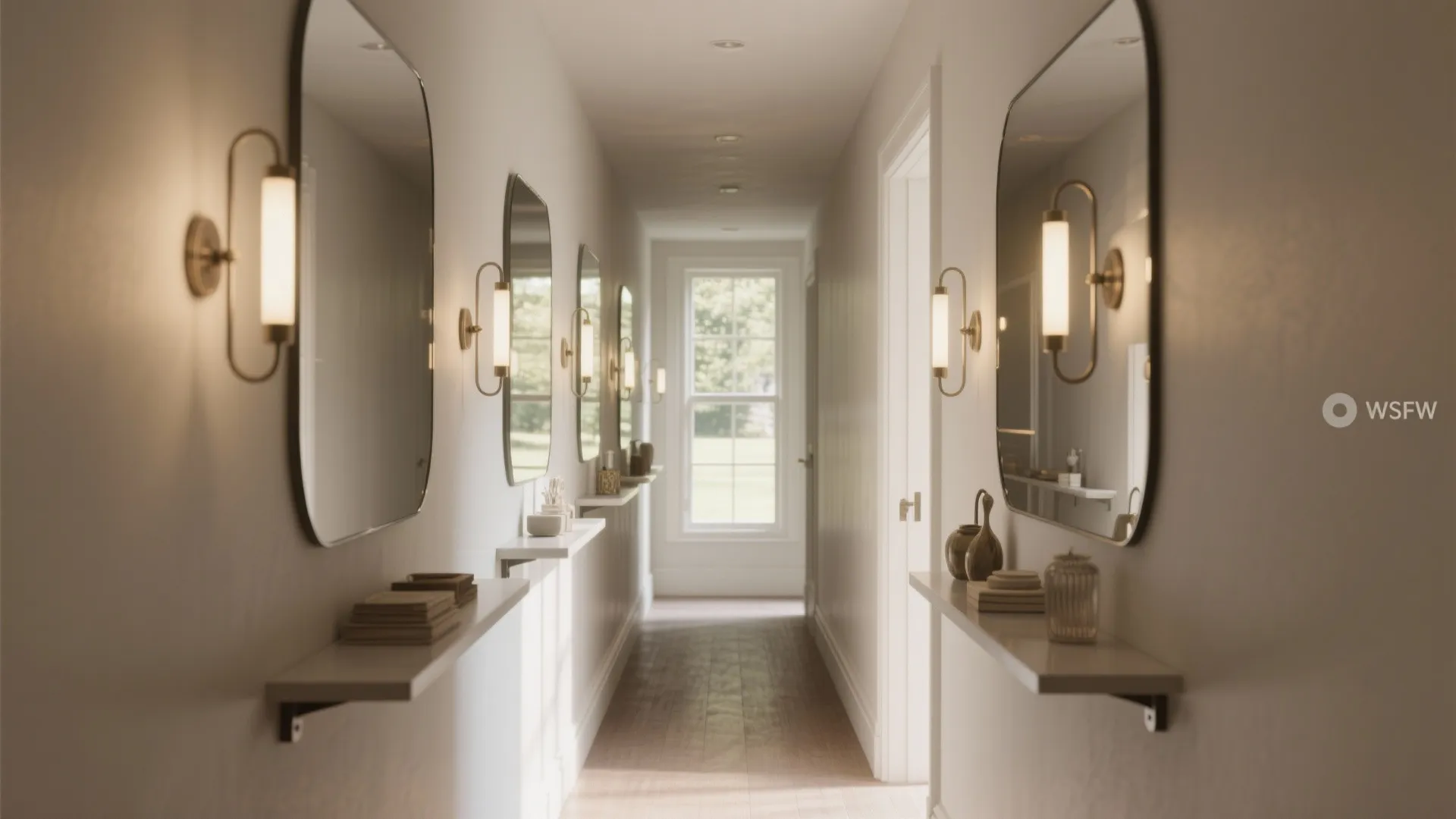 Mirror-backed hallway shelves that reflect light and make the corridor feel wider.
