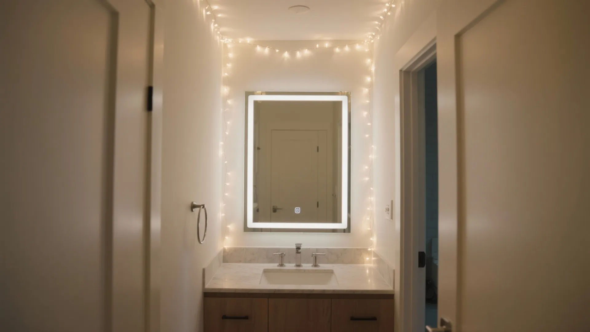 Modern bathroom vanity with lighted mirror small string lights wooden cabinet and marble sink top