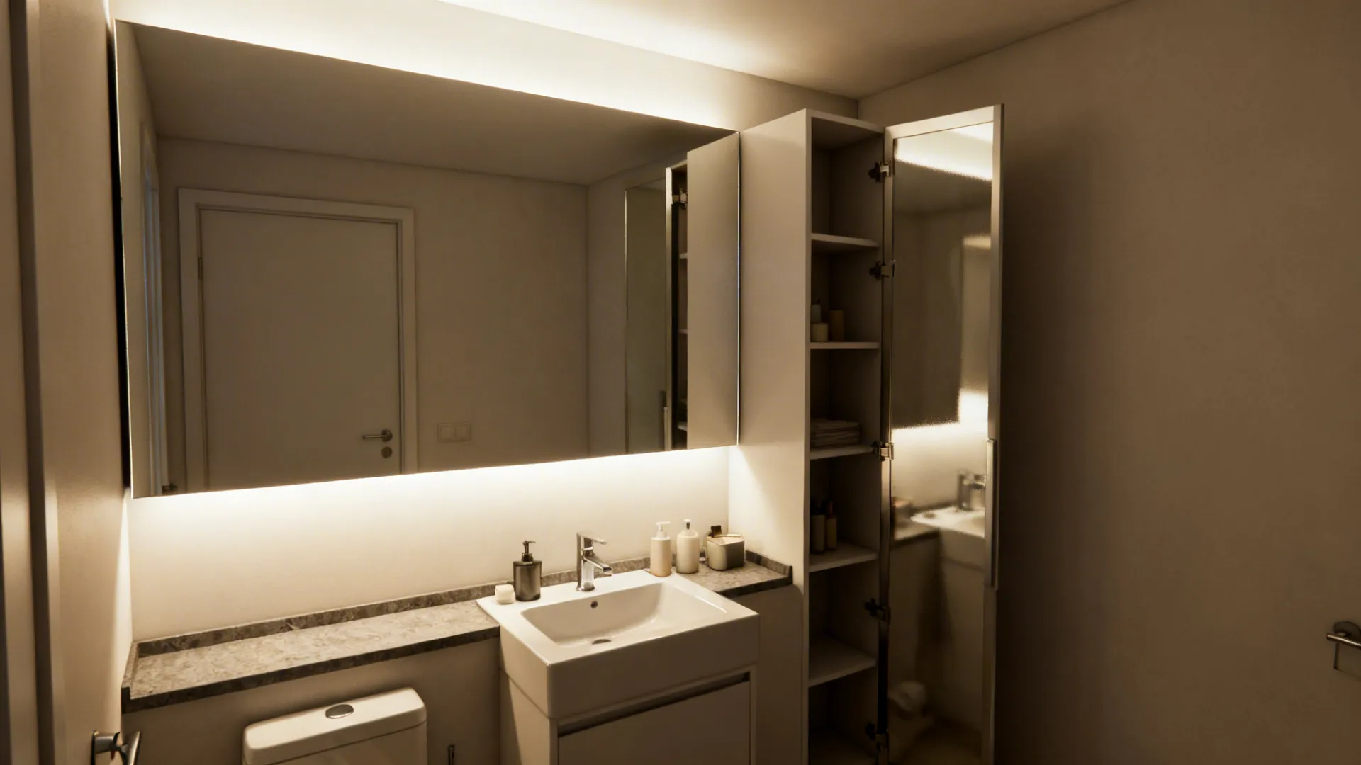 Large ceiling-height mirror above a compact sink reflecting light to enlarge the space.