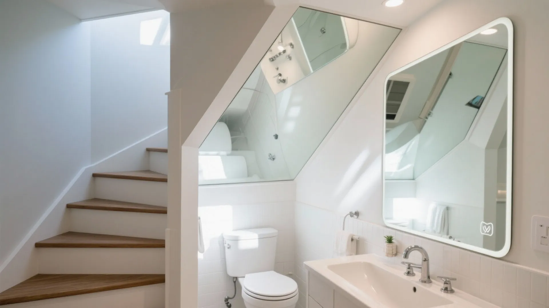 Small white bathroom under stairs with slanted ceiling mirror toilet vanity sink and LED mirror