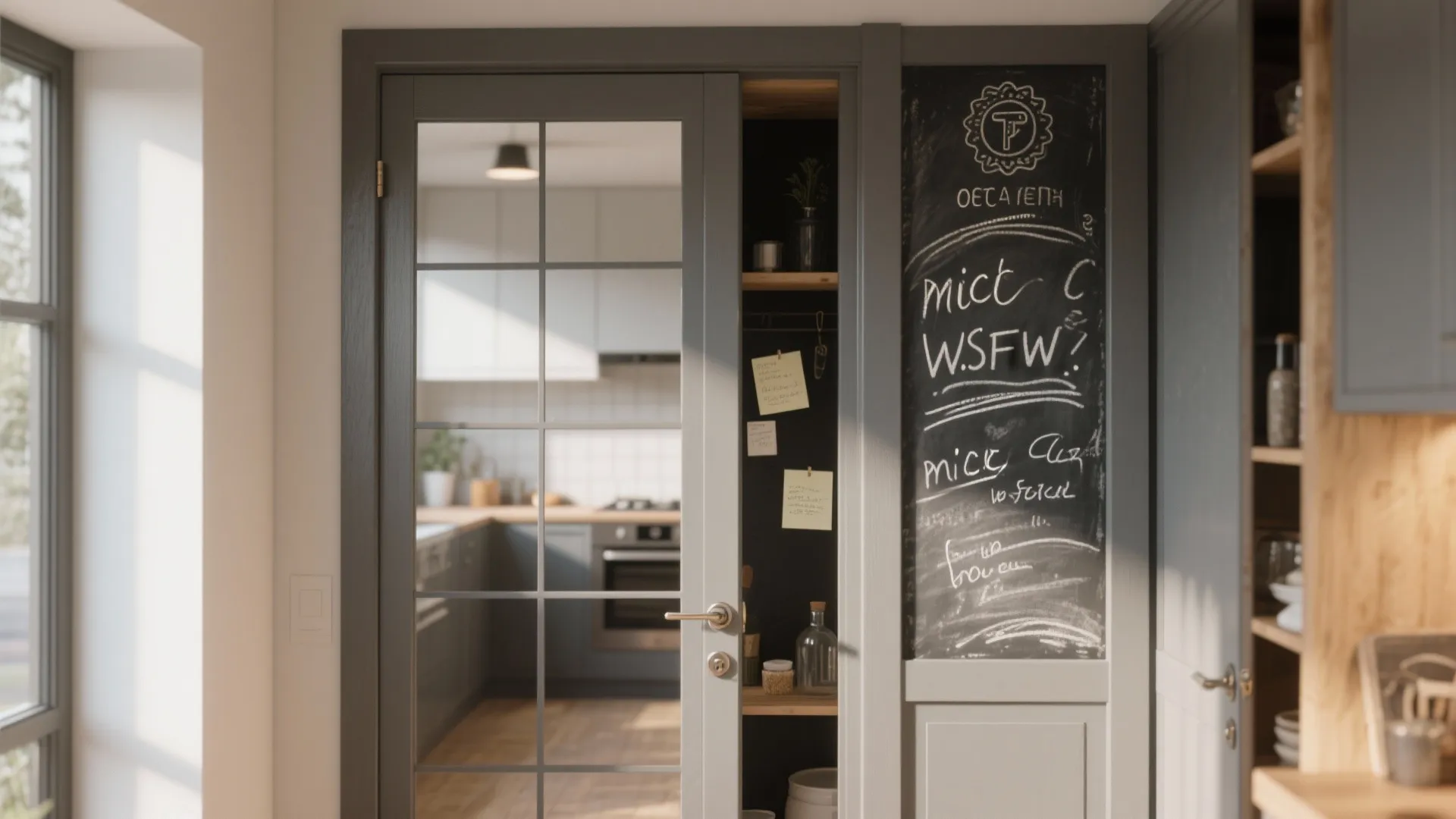 Modern grey kitchen cabinet door with glass panels and a blackboard for notes and drawings
