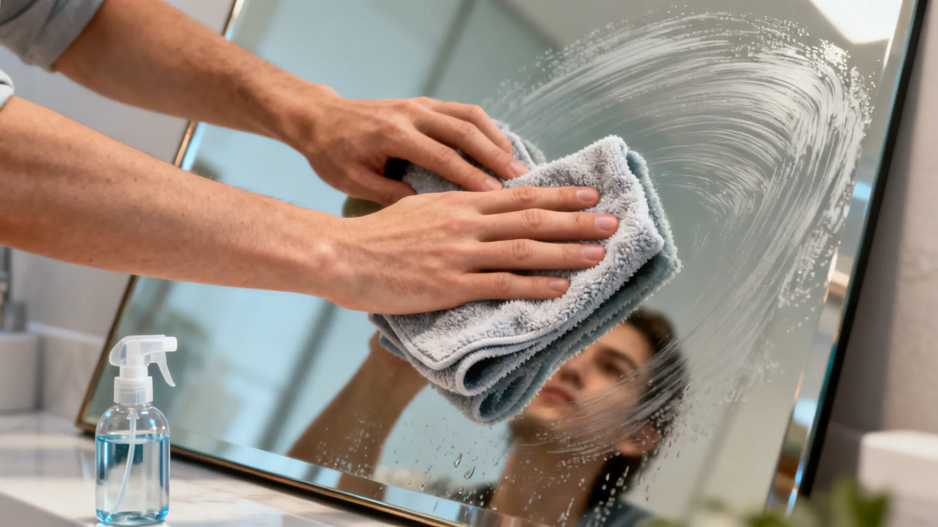 Hands cleaning a large mirror with a microfiber cloth for a streak-free finish.