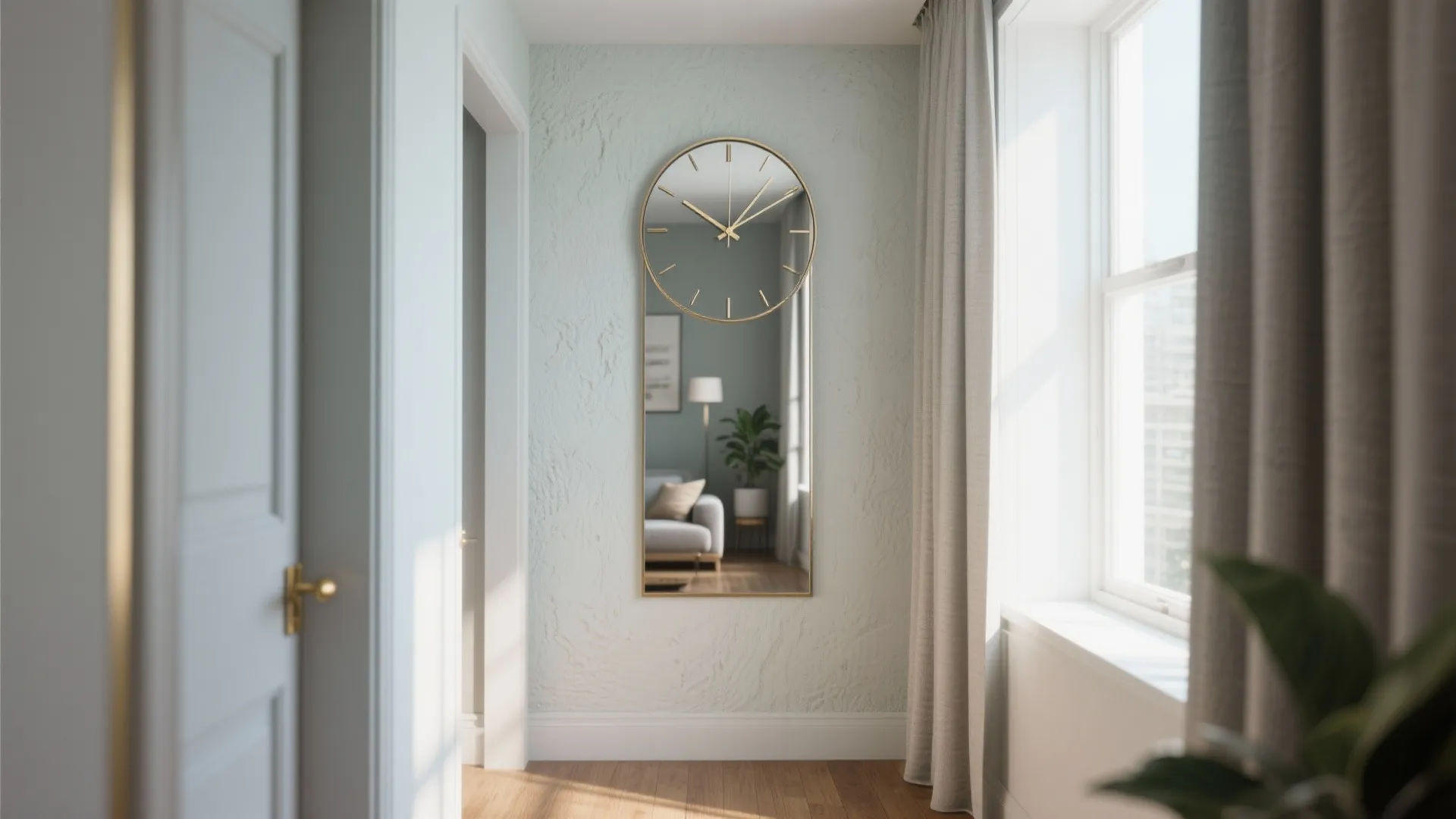 Modern hallway with a unique mirror clock on a textured wall near a bright window