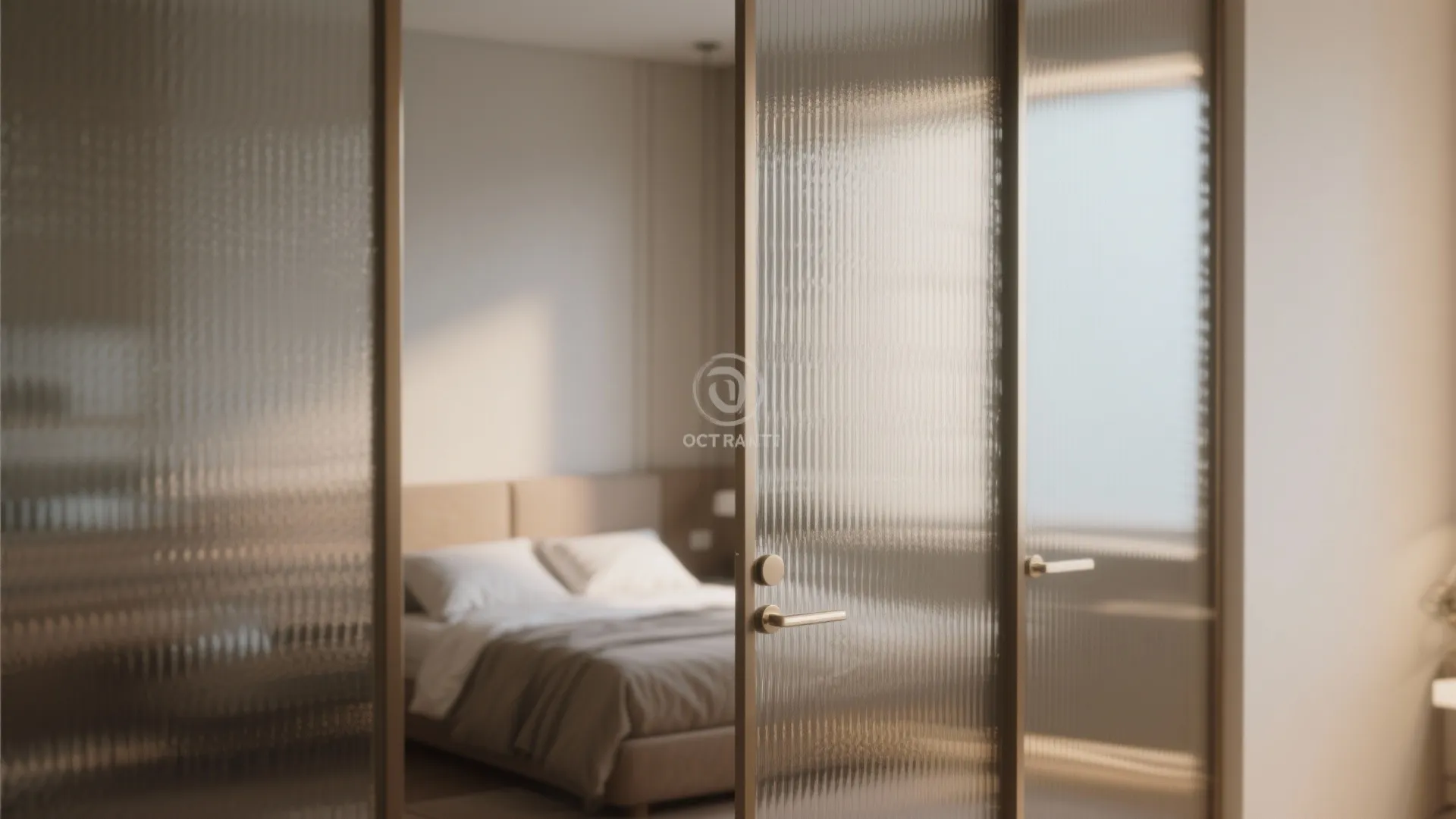 Modern bedroom view through textured glass sliding doors with metal handles and soft natural lighting