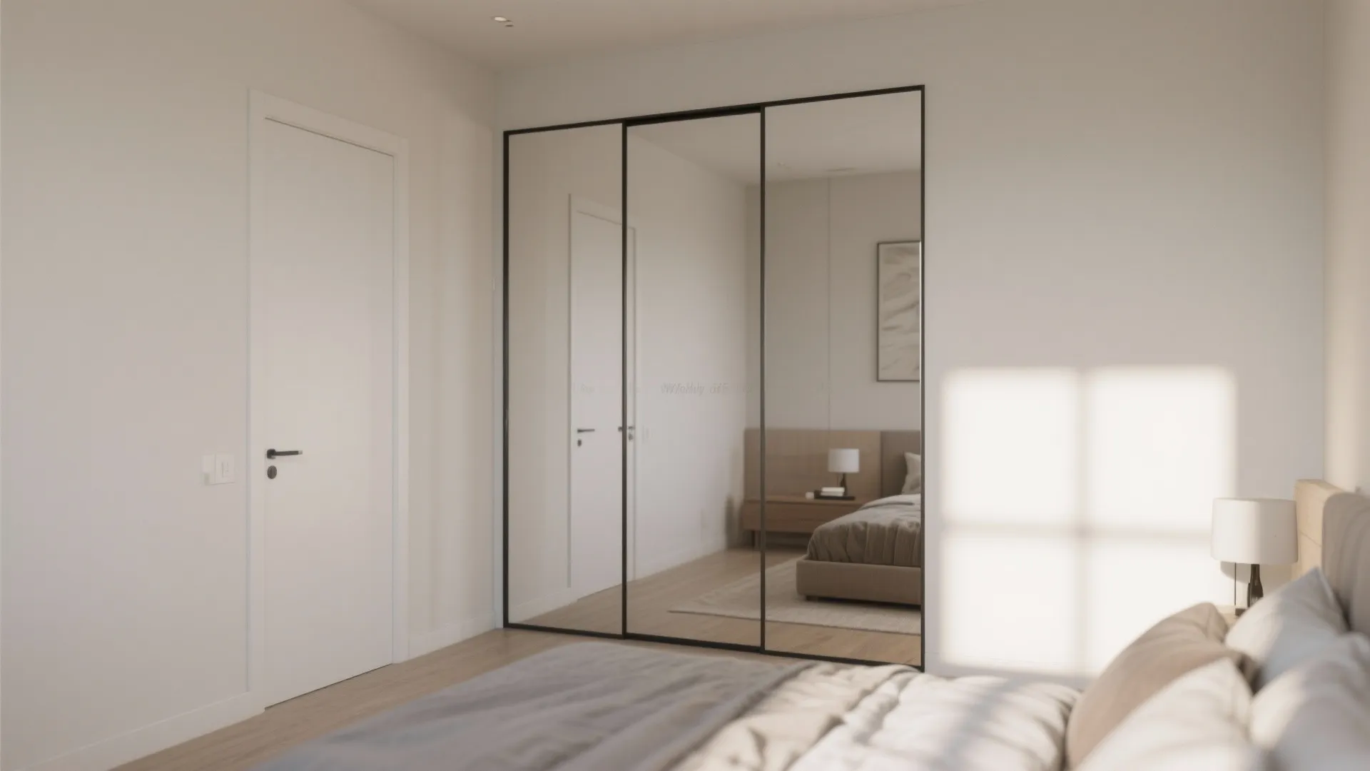 White minimalist bedroom with large sliding mirror doors on the cabinet reflecting the cozy bed