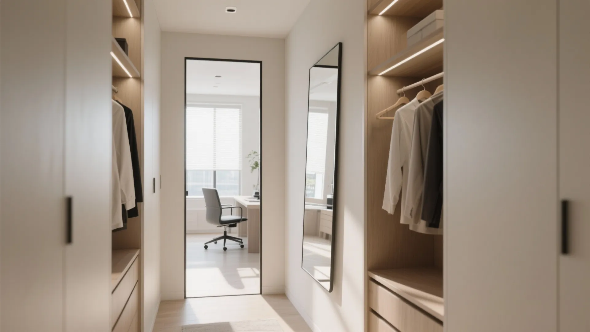 Closet office with large angled wall mirror