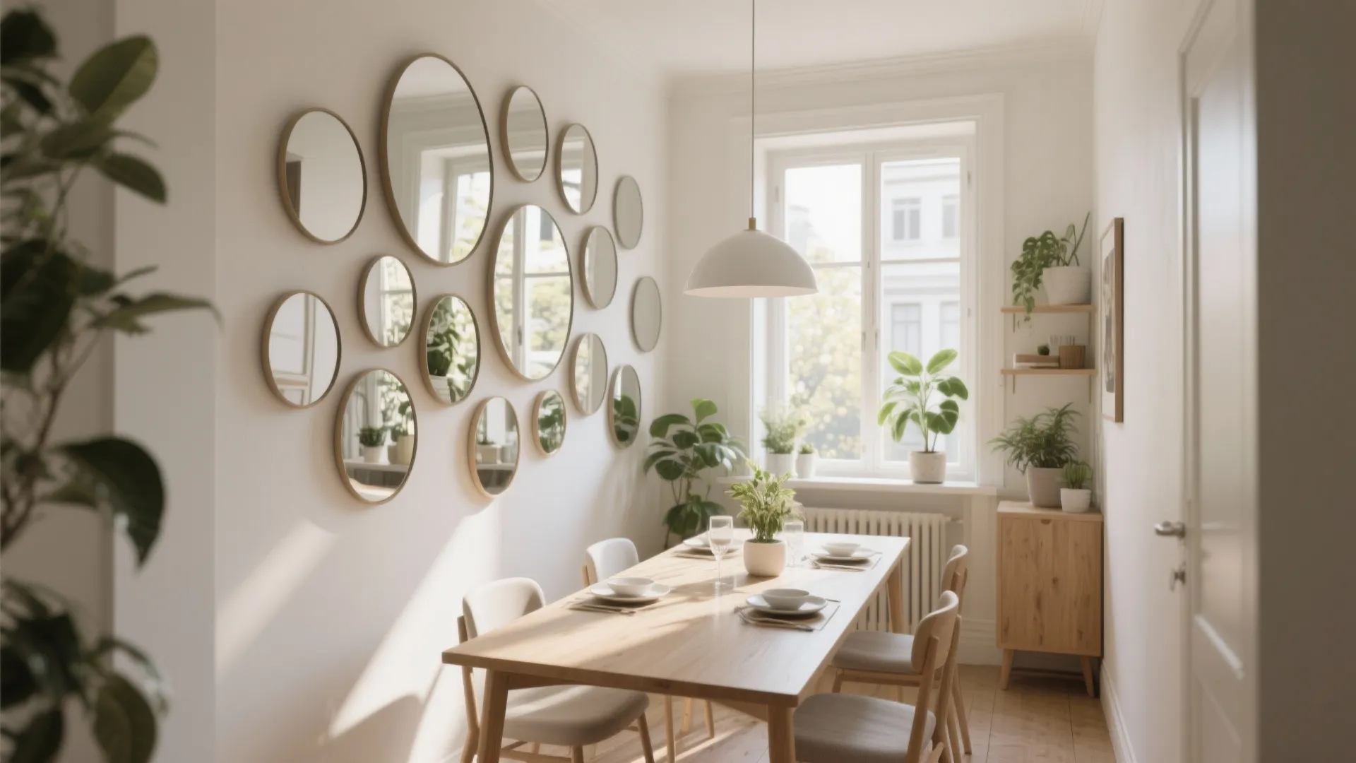 Bright dining area with wooden table chairs white ceiling light and wall of round mirrors