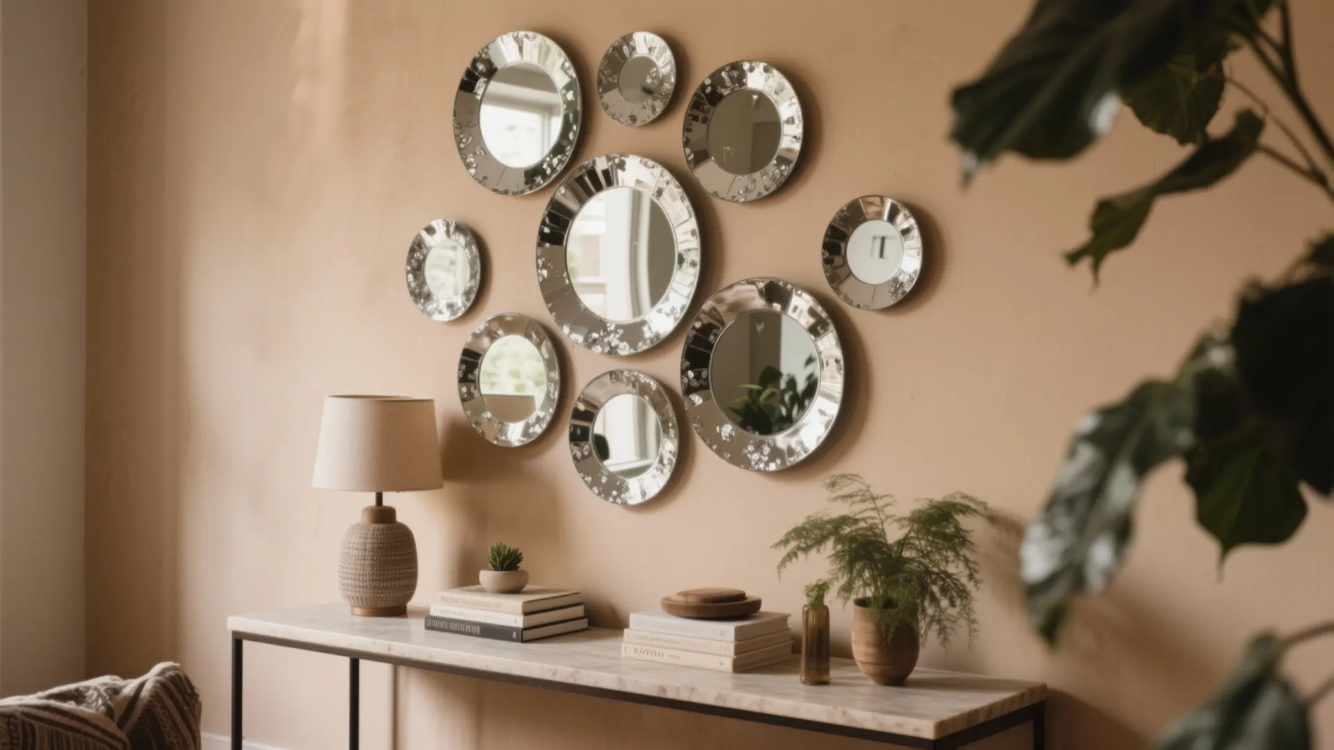 Living room wall with round mirrors, marble table, table lamp, books, and small green plants