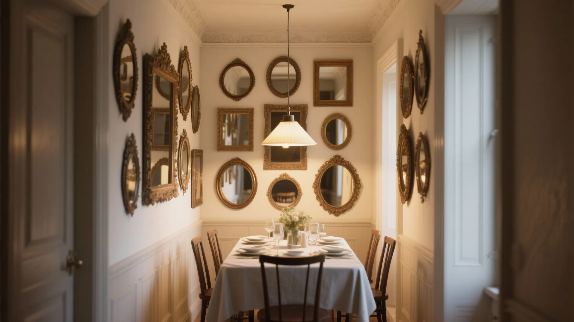 Elegant dining area featuring a gallery wall of antique gold mirrors above a set table