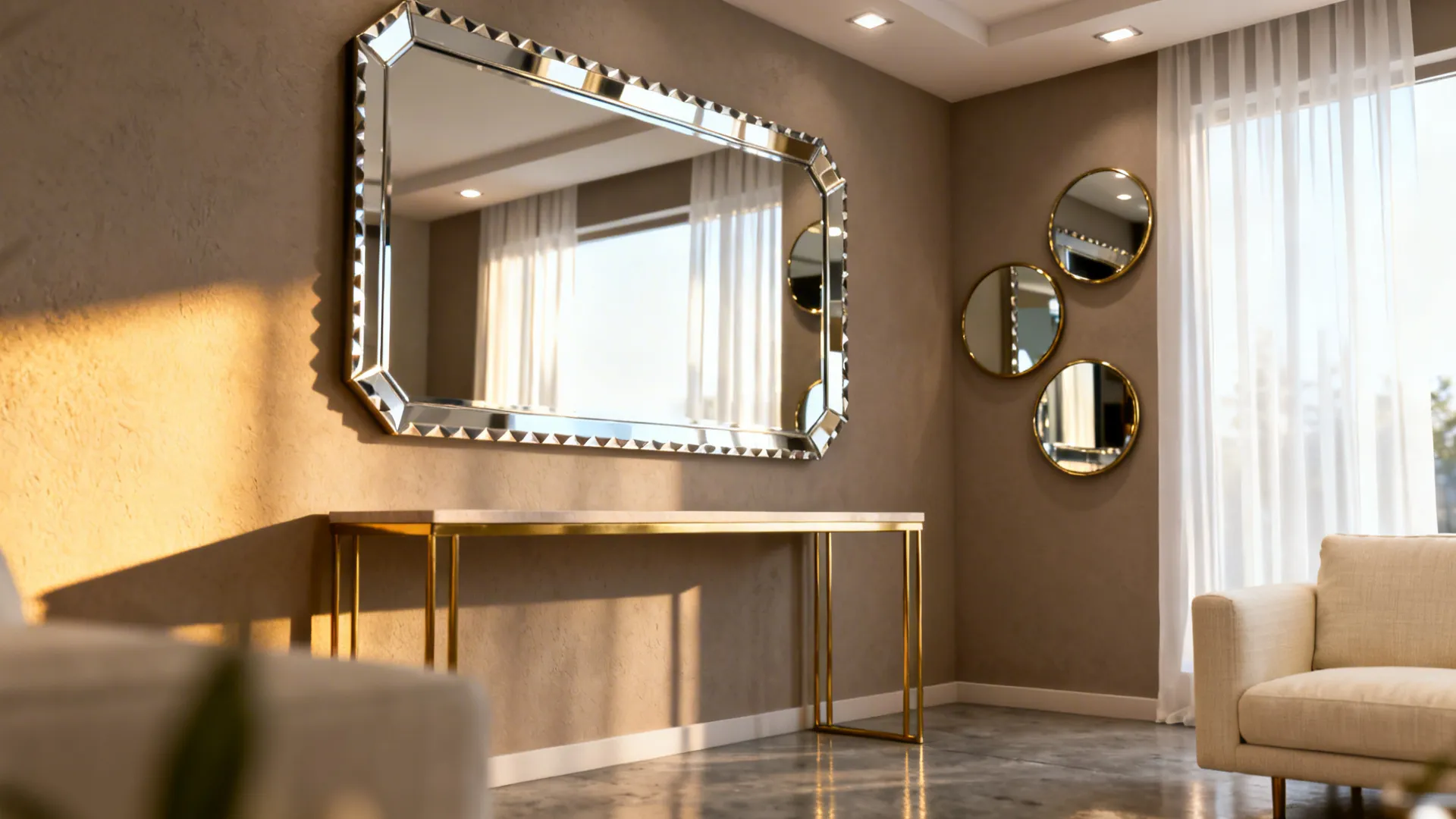 Large wall mirror above gold table in living room with round mirrors and an armchair