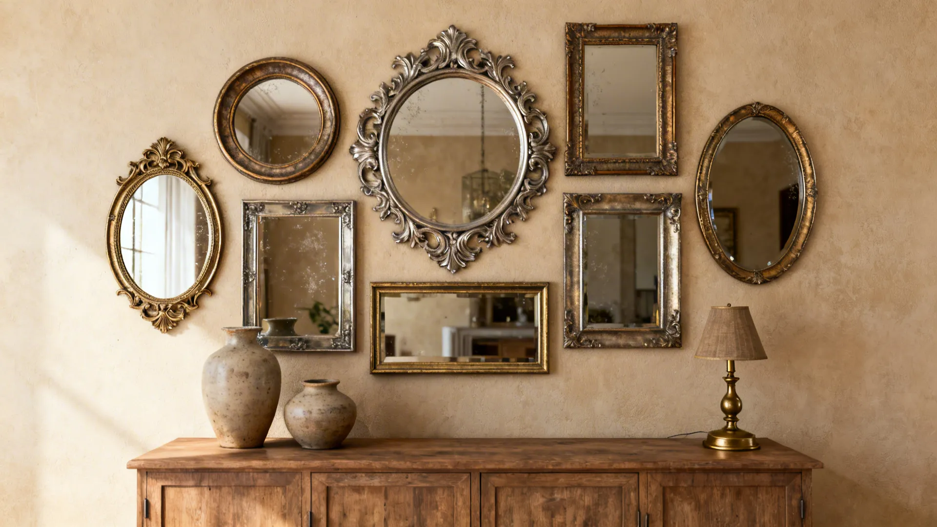 Cluster of mismatched mirrors above a buffet creating an eclectic focal point