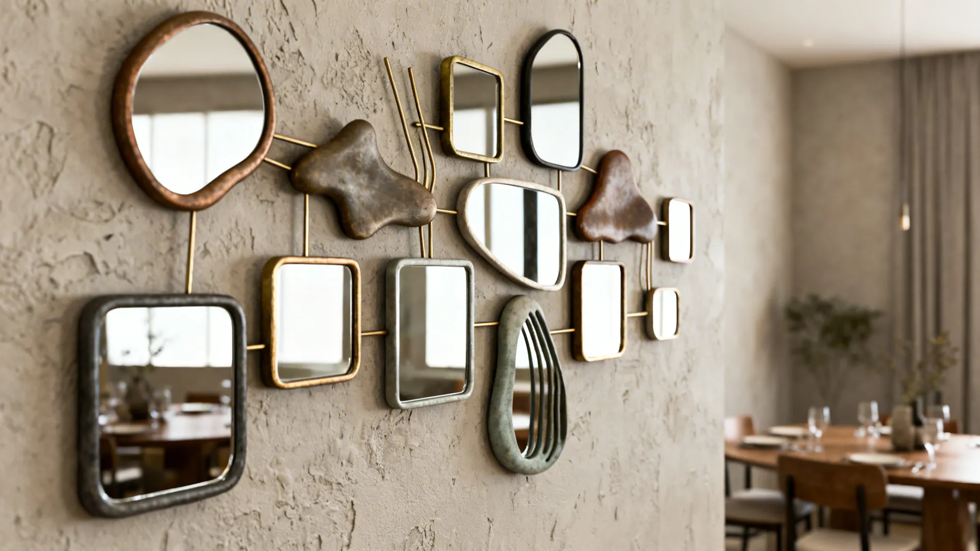 Sculptural cluster of small mirrors with mixed shapes and thin frames on a dining room wall