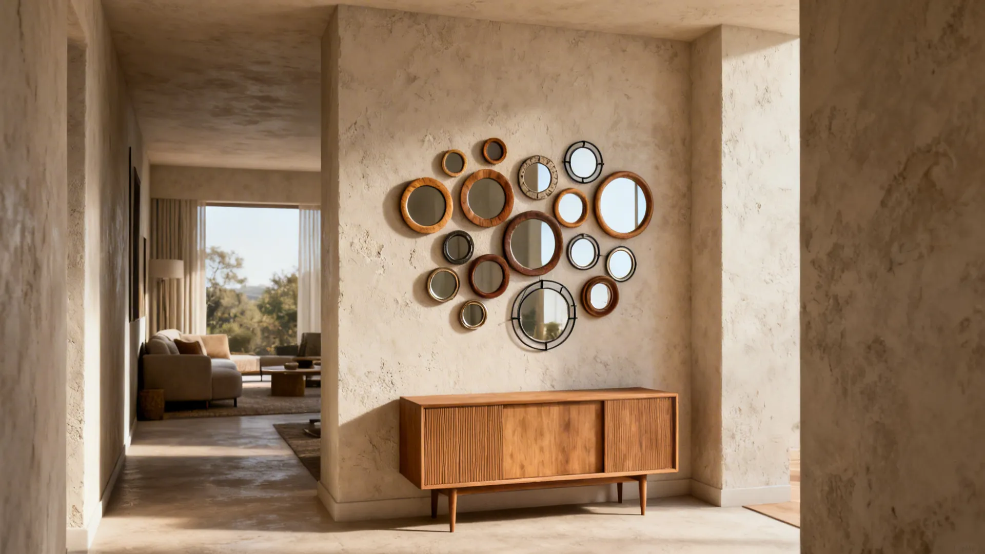Gallery cluster of small round mirrors in mixed frames on a wall opening into a living room.