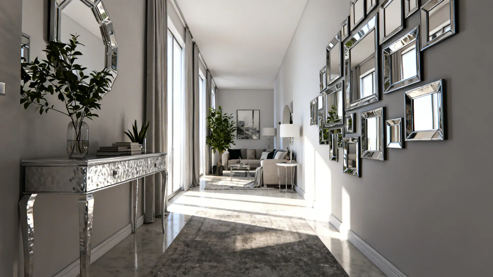 Elegant hallway featuring wall of mirrors silver table green plants grey rug and distant sofa