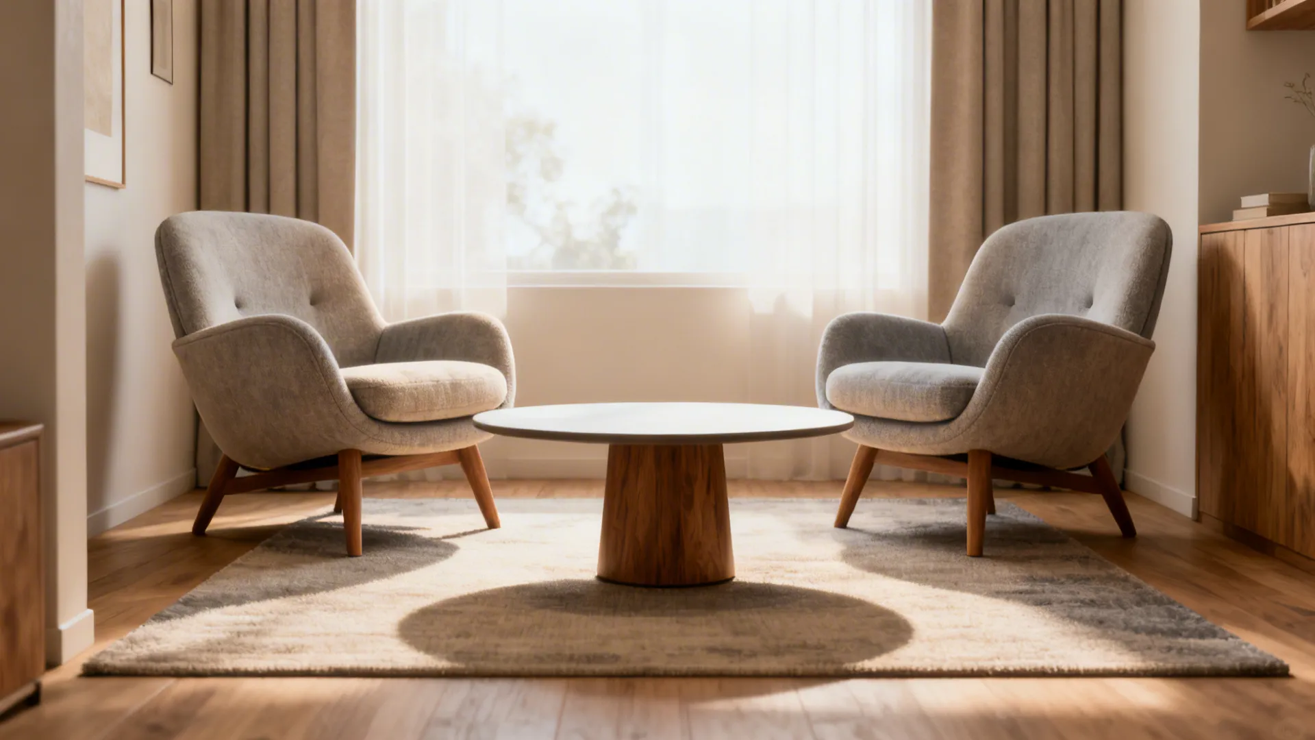 Two swivel chairs facing each other around a round coffee table with clear legroom in a small living room.