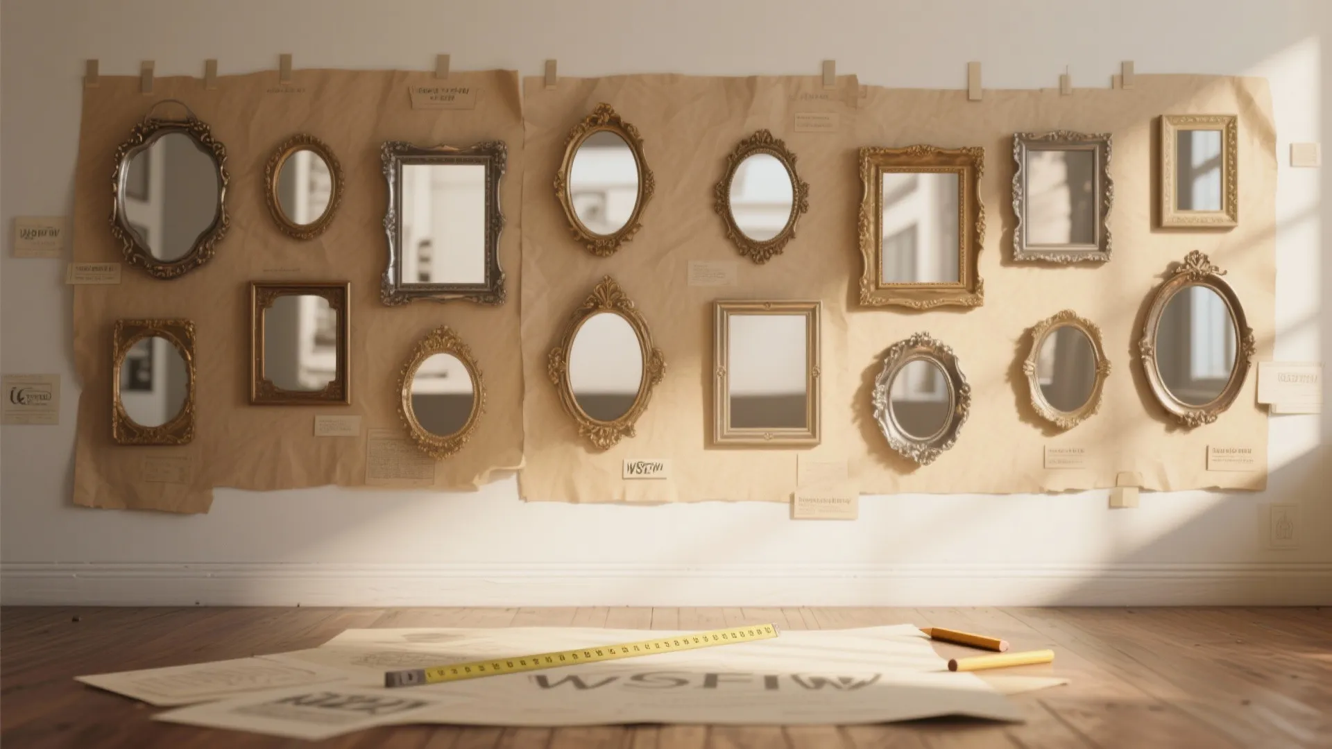 Collection of various gold and silver mirrors on a wall with interior design drawing papers