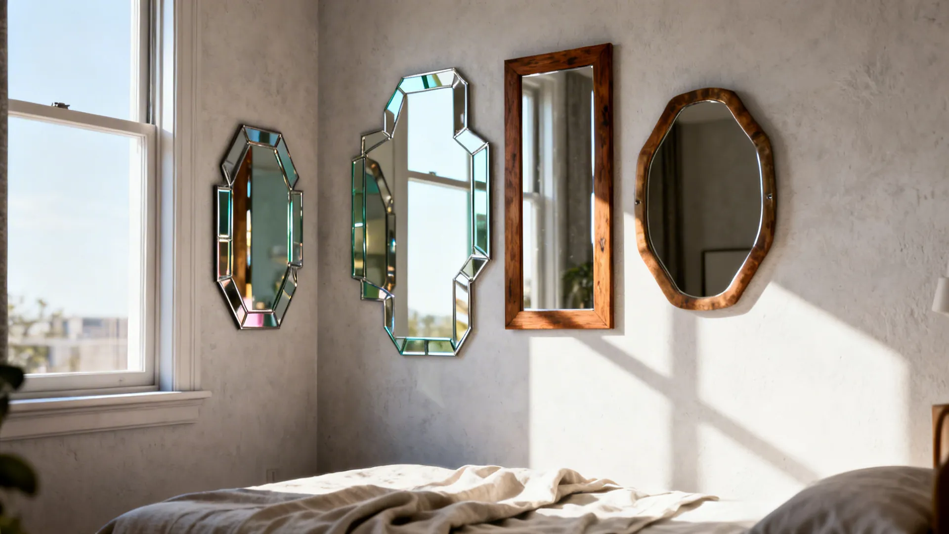 Small bedroom with a collage of mismatched mirrors reflecting daylight to enhance perceived space.