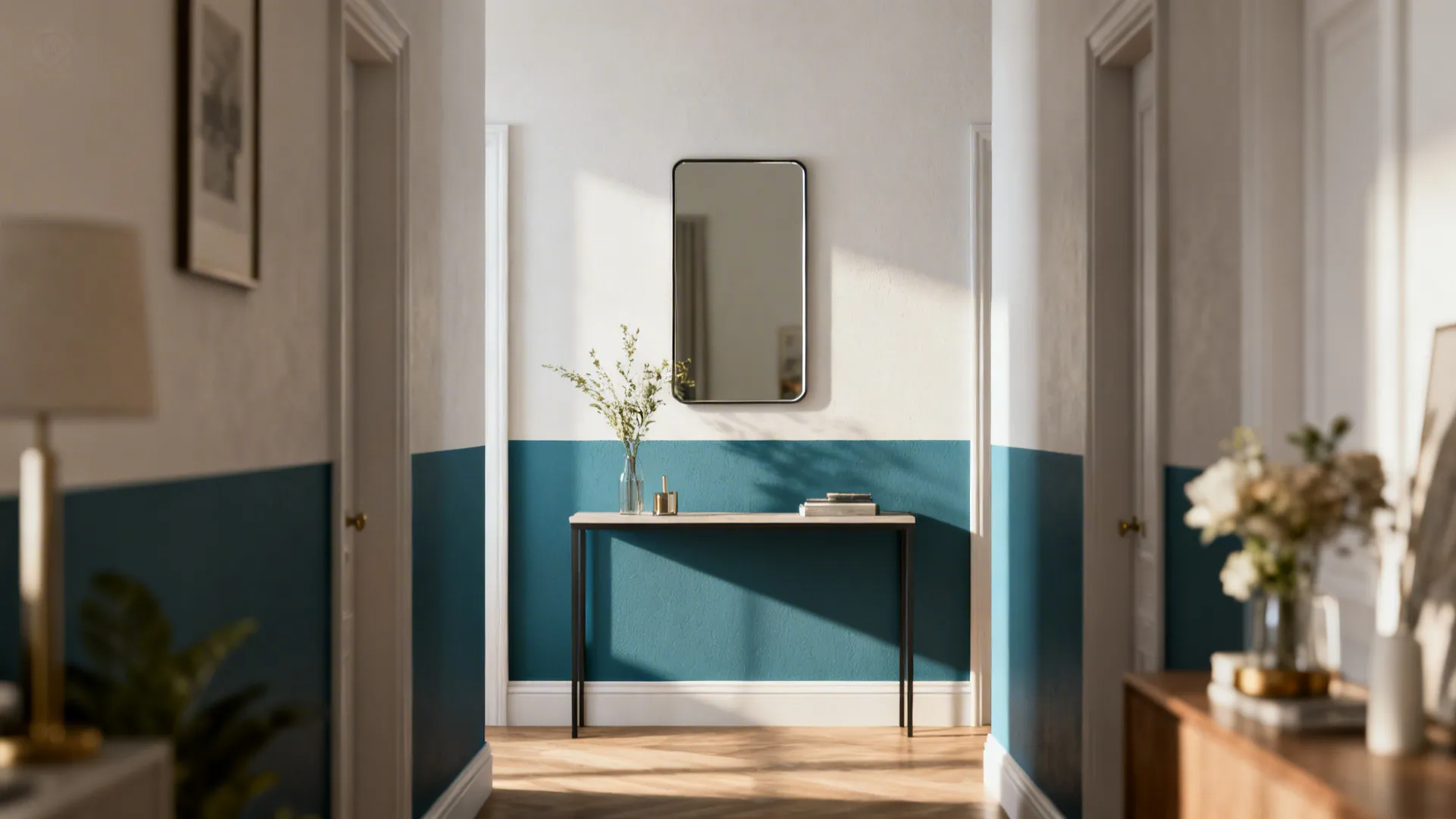 Horizontal color band and slim mirror above a console to visually widen the room.