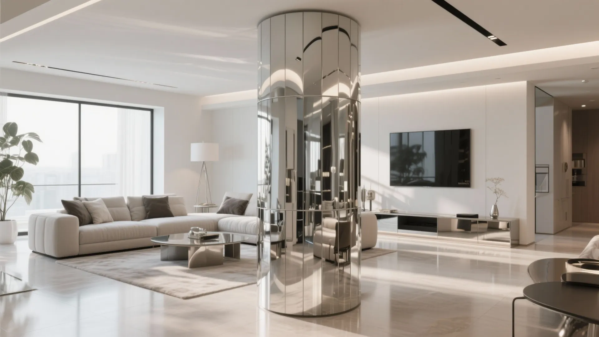 Modern living room featuring a large mirrored structural column reflecting a grey sofa and wall television