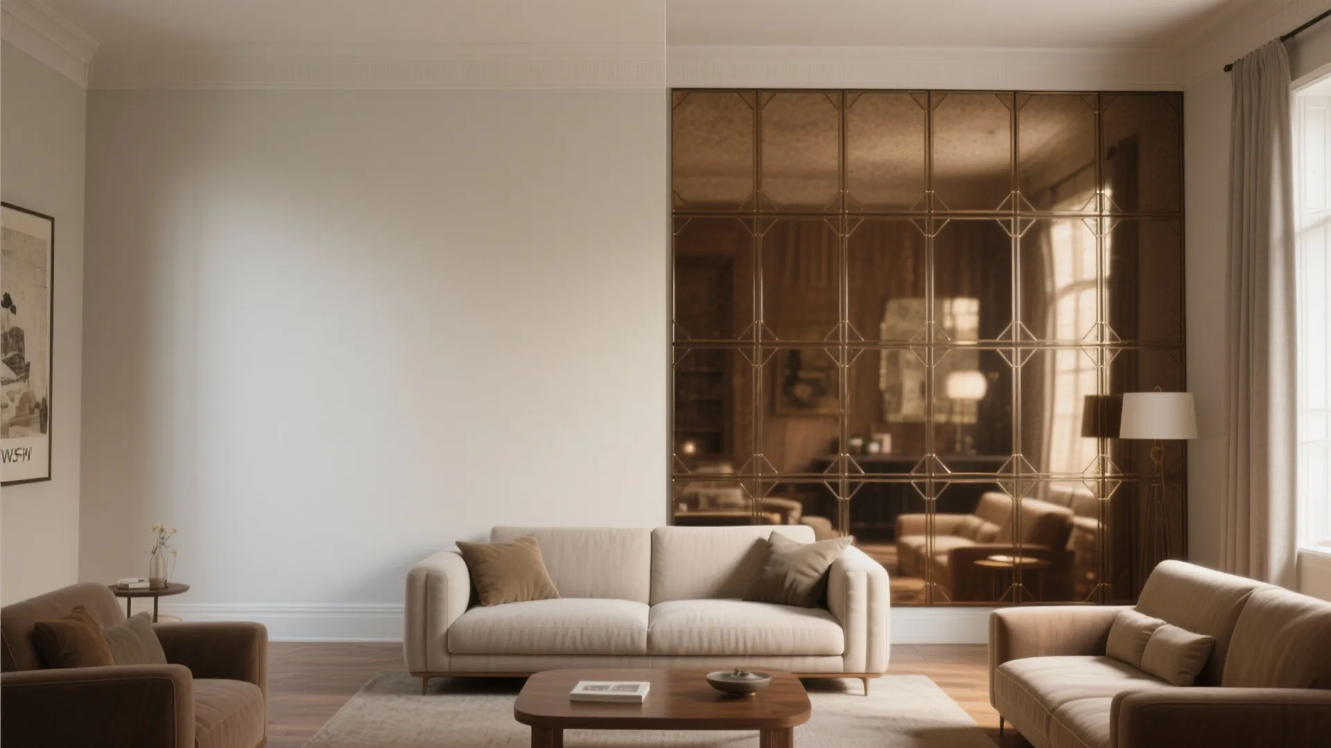 Modern living room featuring beige sofas a wooden coffee table and a large bronze mirror