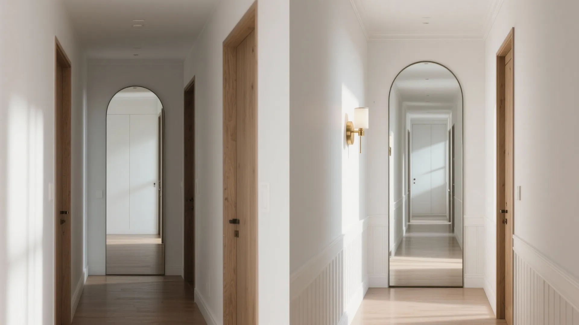 Side by side interior design drawing comparison of hallway views with arched mirrors and doors
