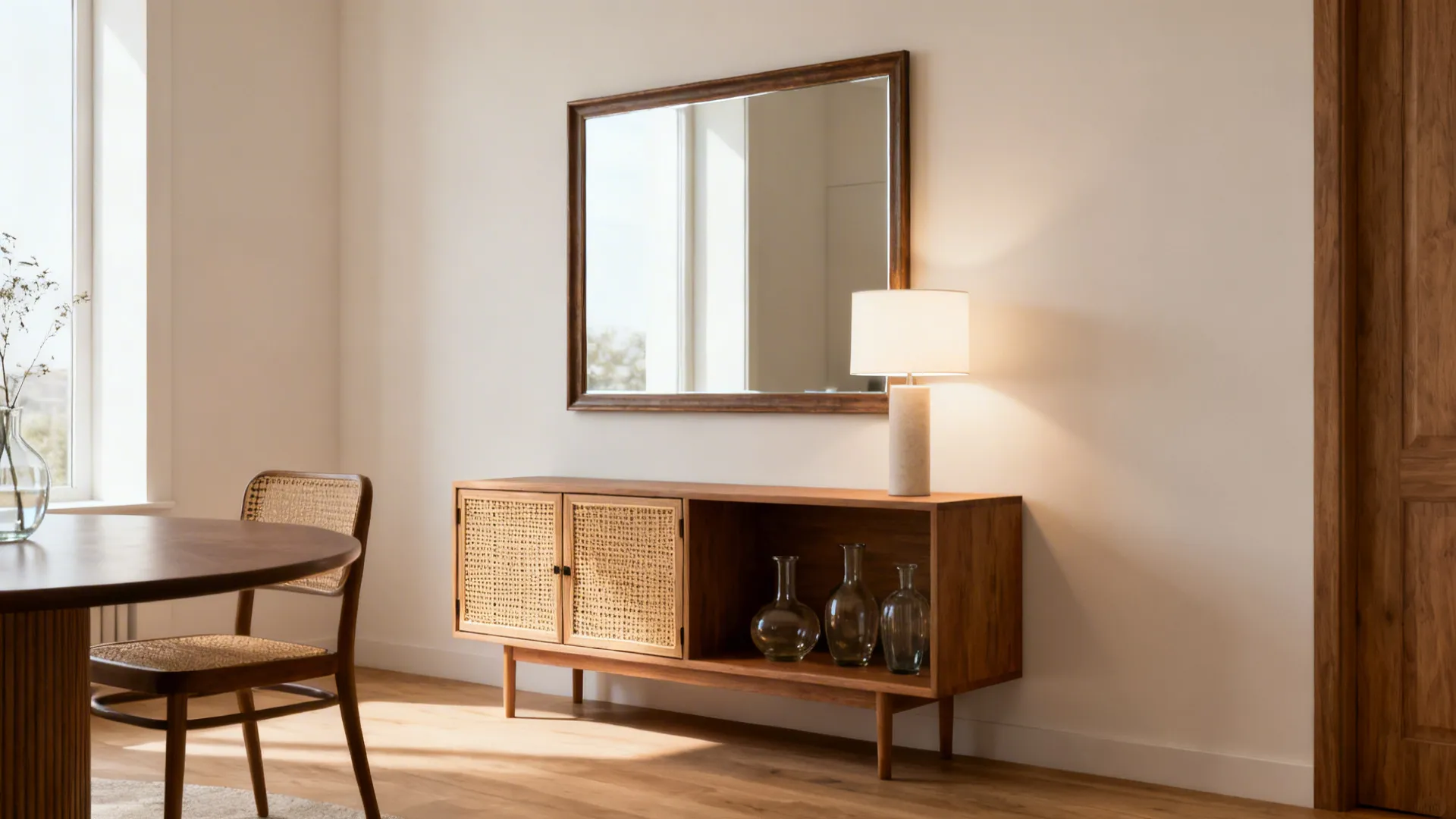 Modern dining room with wooden cabinet large mirror table lamp and chair near round table