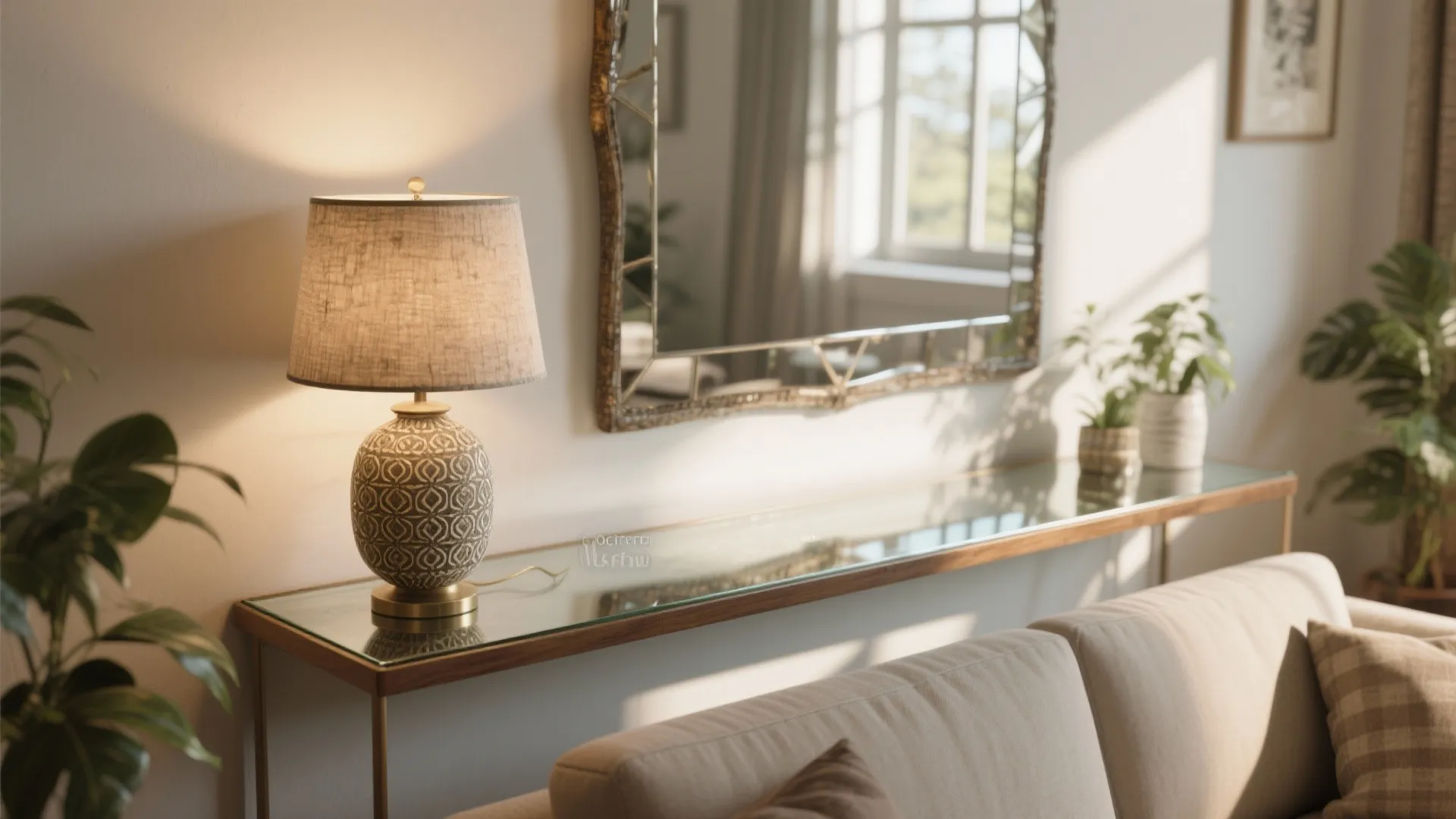 Modern table lamp on a glass console table with a large mirror and green plants