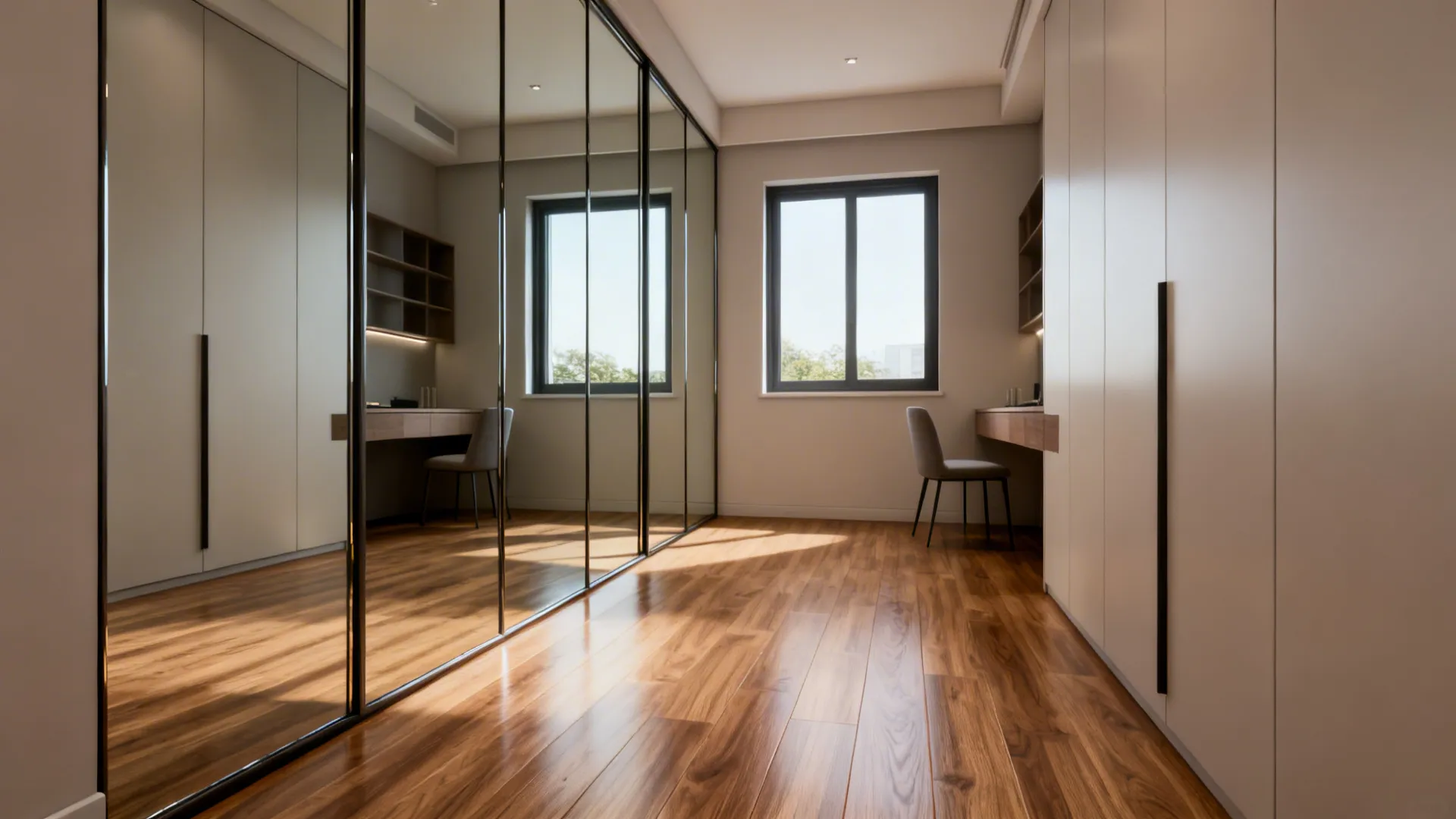 Floor-to-ceiling mirror reflecting seamless wood-look flooring to visually widen a tiny room.