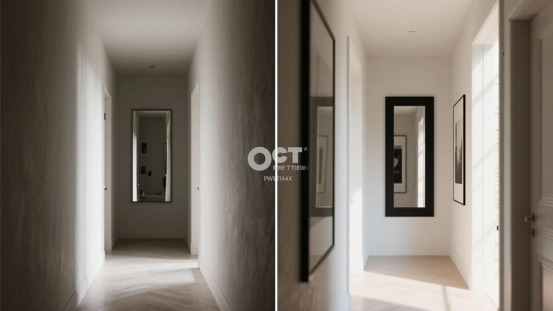 Before-and-after view showing a dark hall corner versus a bright corner with mirror and gallery.
