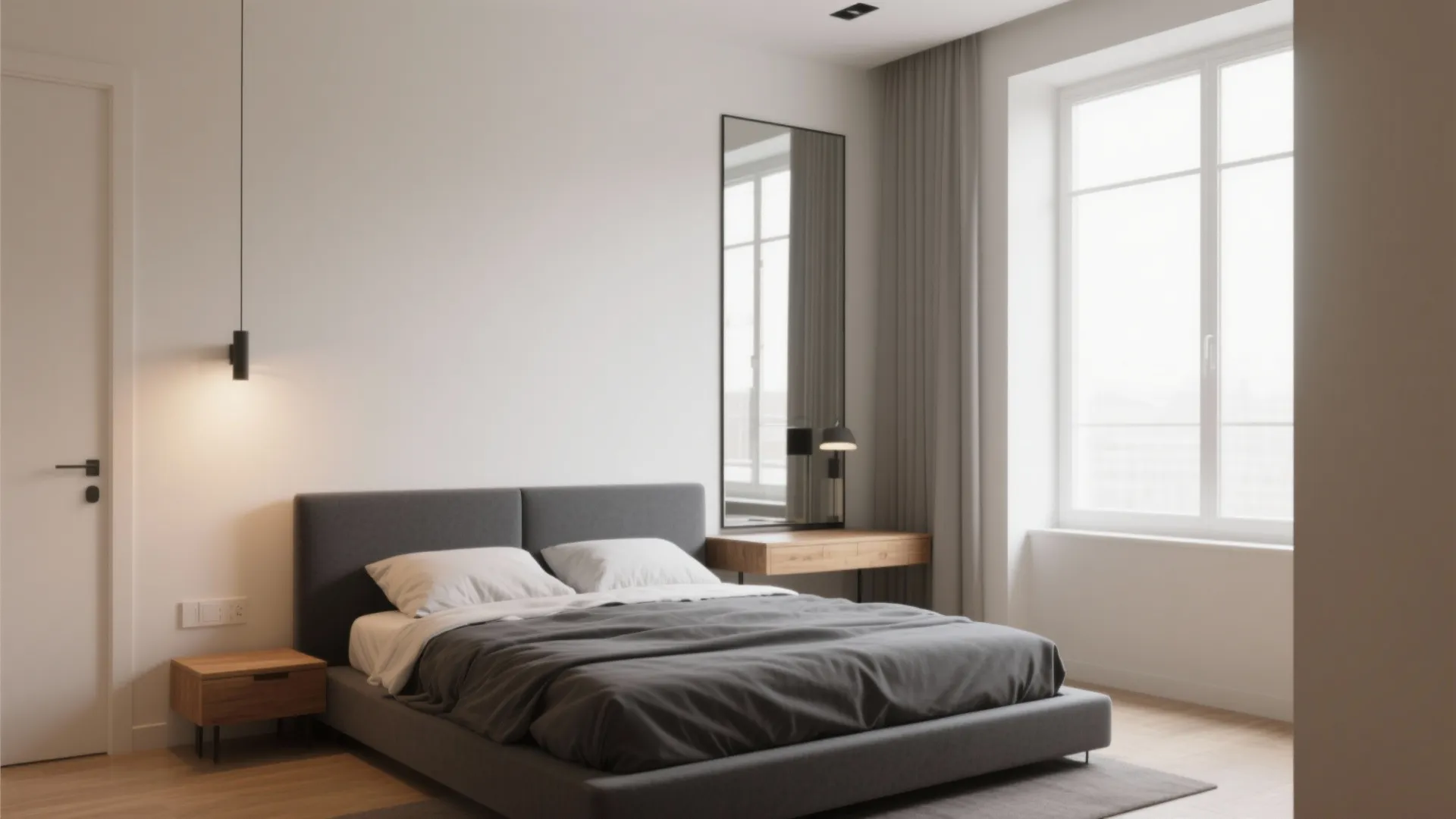 Studio bedroom with dark grey bed, pale walls and a tall mirror reflecting daylight to expand space.