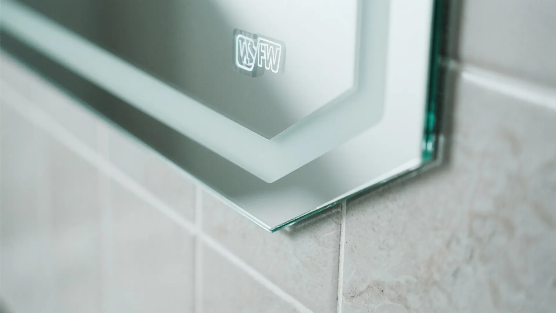 Close up shot of a glass mirror corner with built in light strip on wall