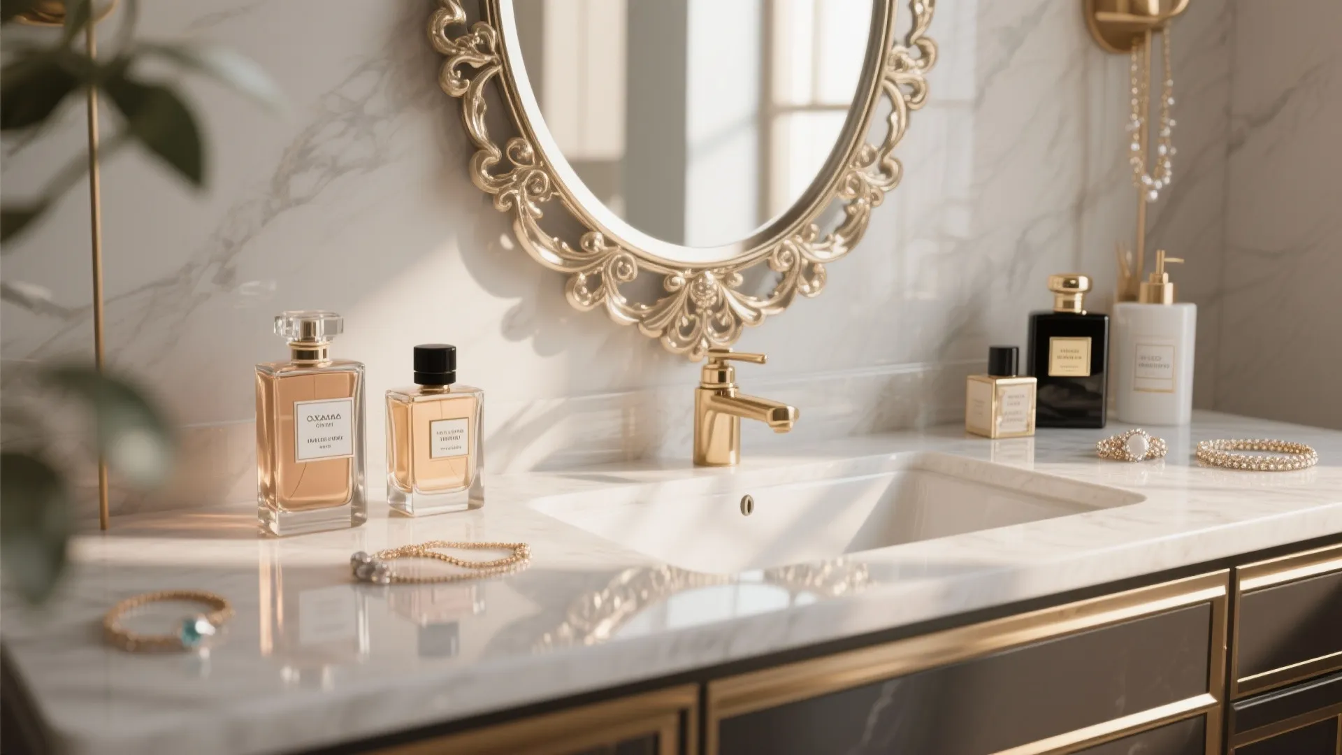 Luxury bathroom vanity with gold faucet and round mirror plus perfume bottles and jewelry pieces